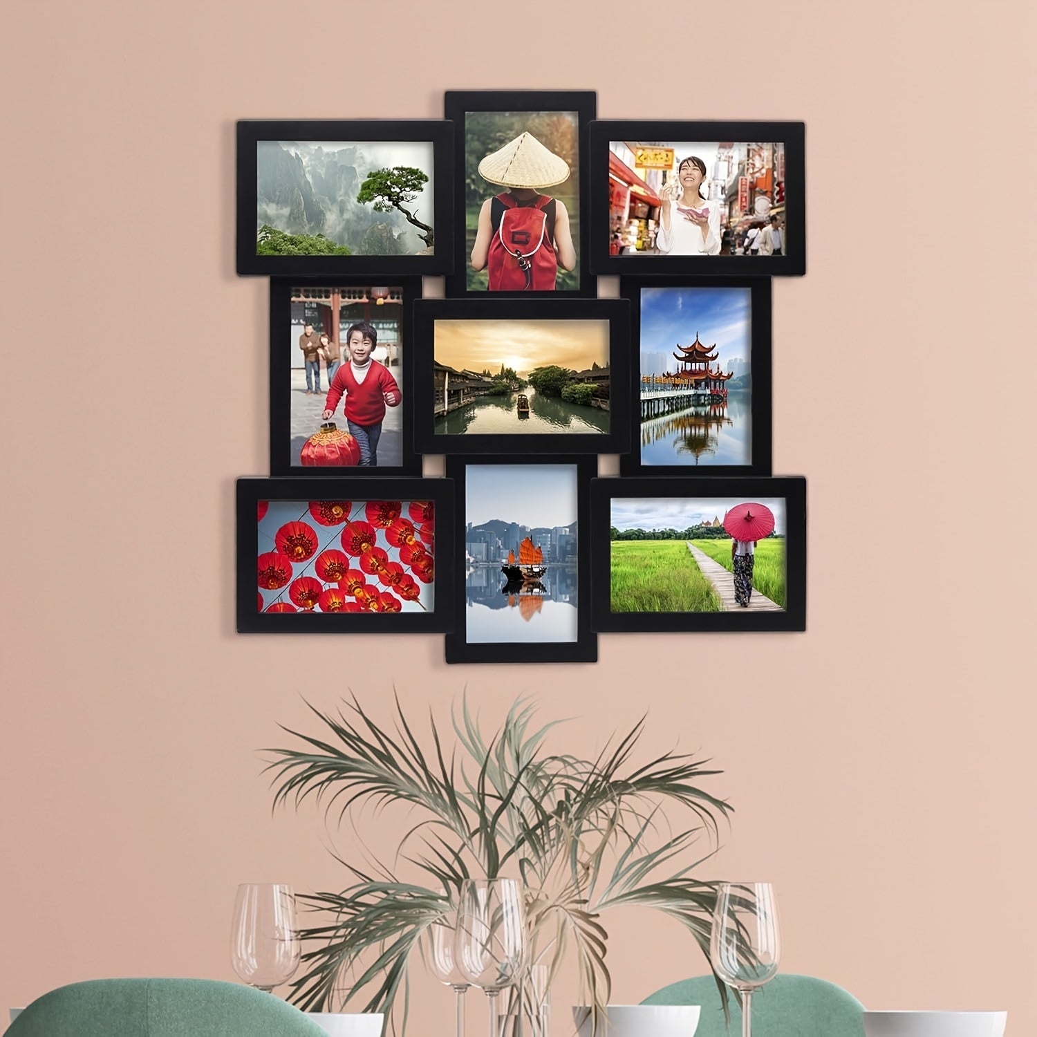 4x6 Photo Collage Frame, 18 x 18 Inch 9 Opening Collage Picture Frames - Displays Four 4x6 and Five 6x4 Inch Photos, Durable Frame Construction with Real Glass, Family Photo Frames Decor - Ideal Gift for Merry Christmas, Wall Hanging or Tabletop