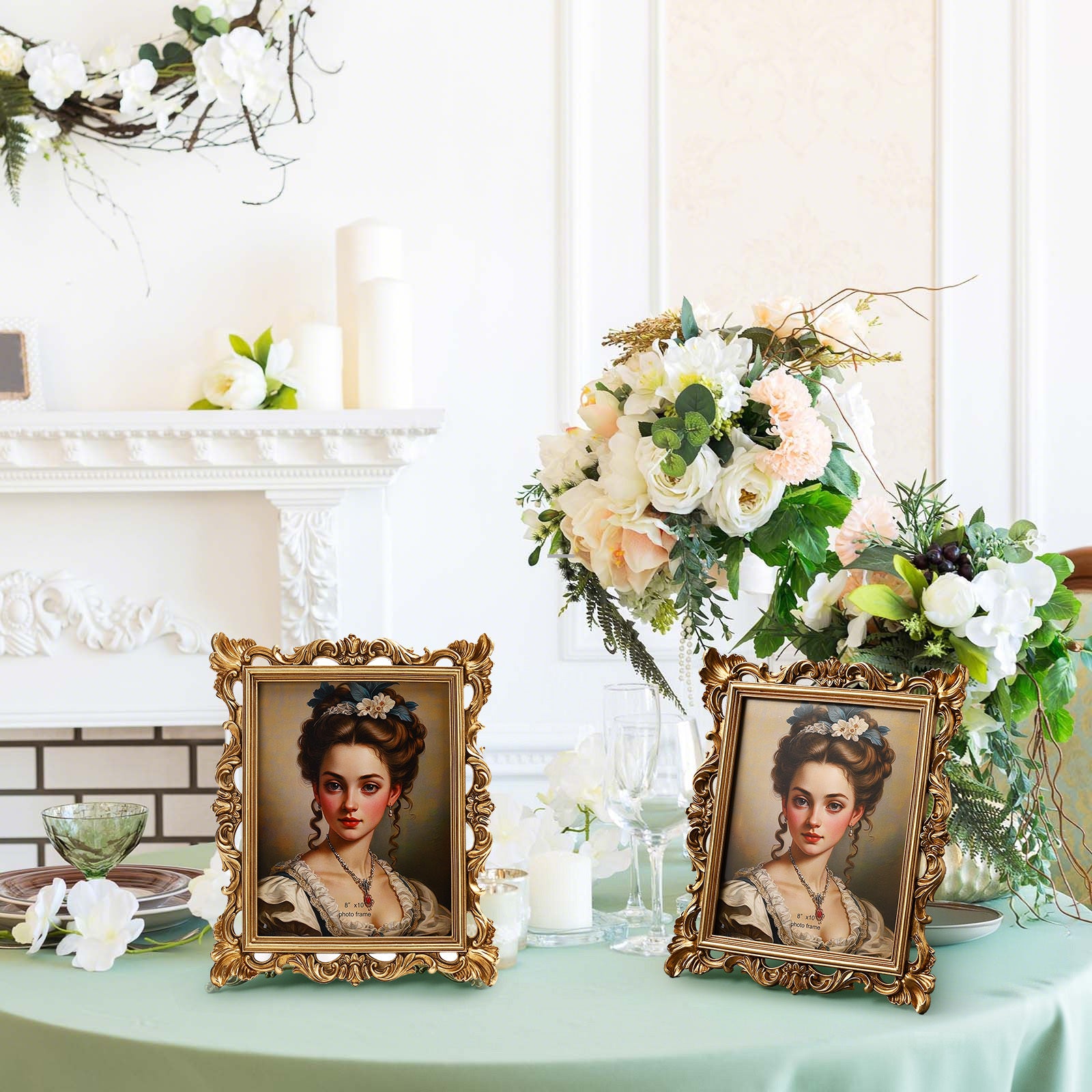 2pcs 8 x 10 Inches Victorian Golden Frame | Baroque Ornate Rectangle Vintage Photo Picture Frame with Backboard Glass Front for Desktop Display Wall Hanging Wedding Bridal Shower (Stylish)