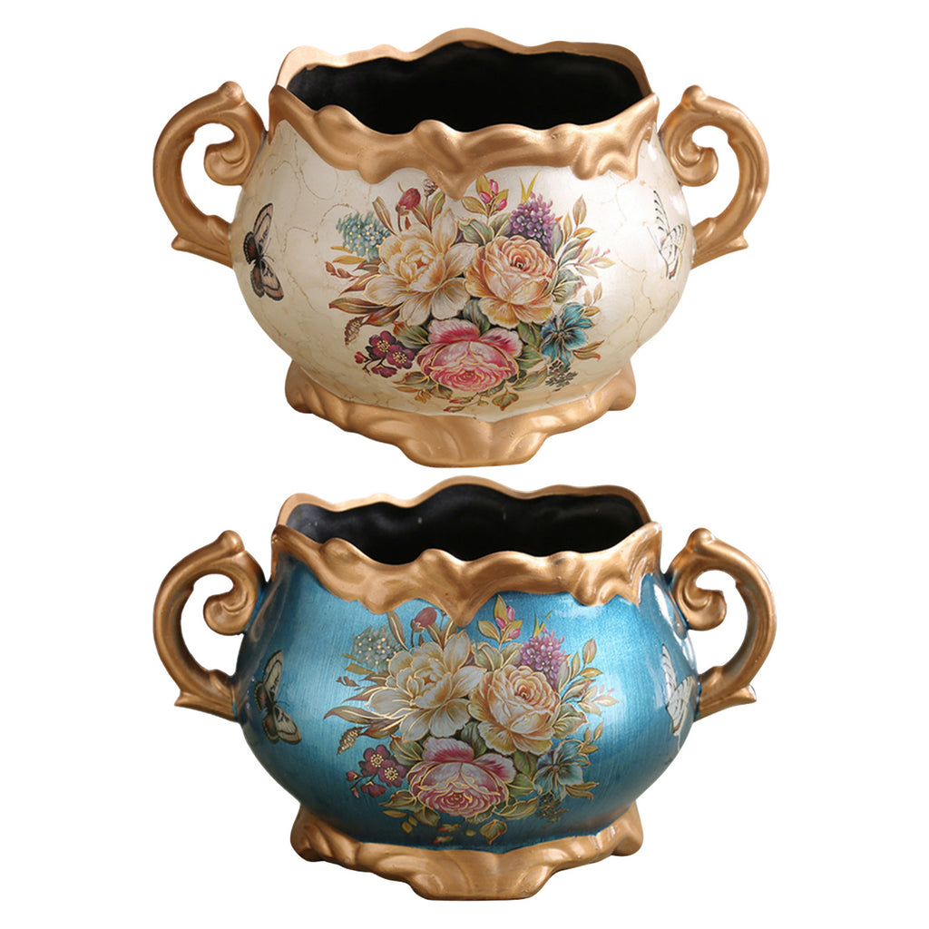 Hand Painted Pattern Vase with Handle American Style Double Ear Vase Handcrafted Glazed Vase for Home Living Room Dining Room Office Bookshelf