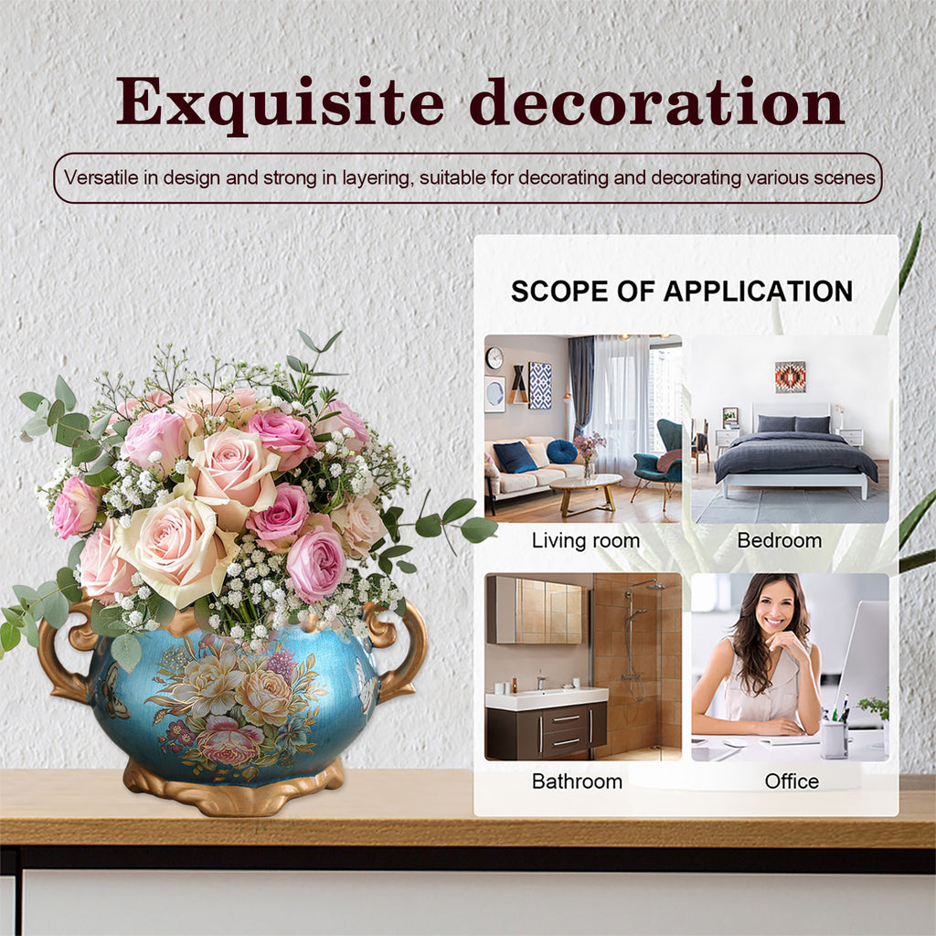 Hand Painted Pattern Vase with Handle American Style Double Ear Vase Handcrafted Glazed Vase for Home Living Room Dining Room Office Bookshelf