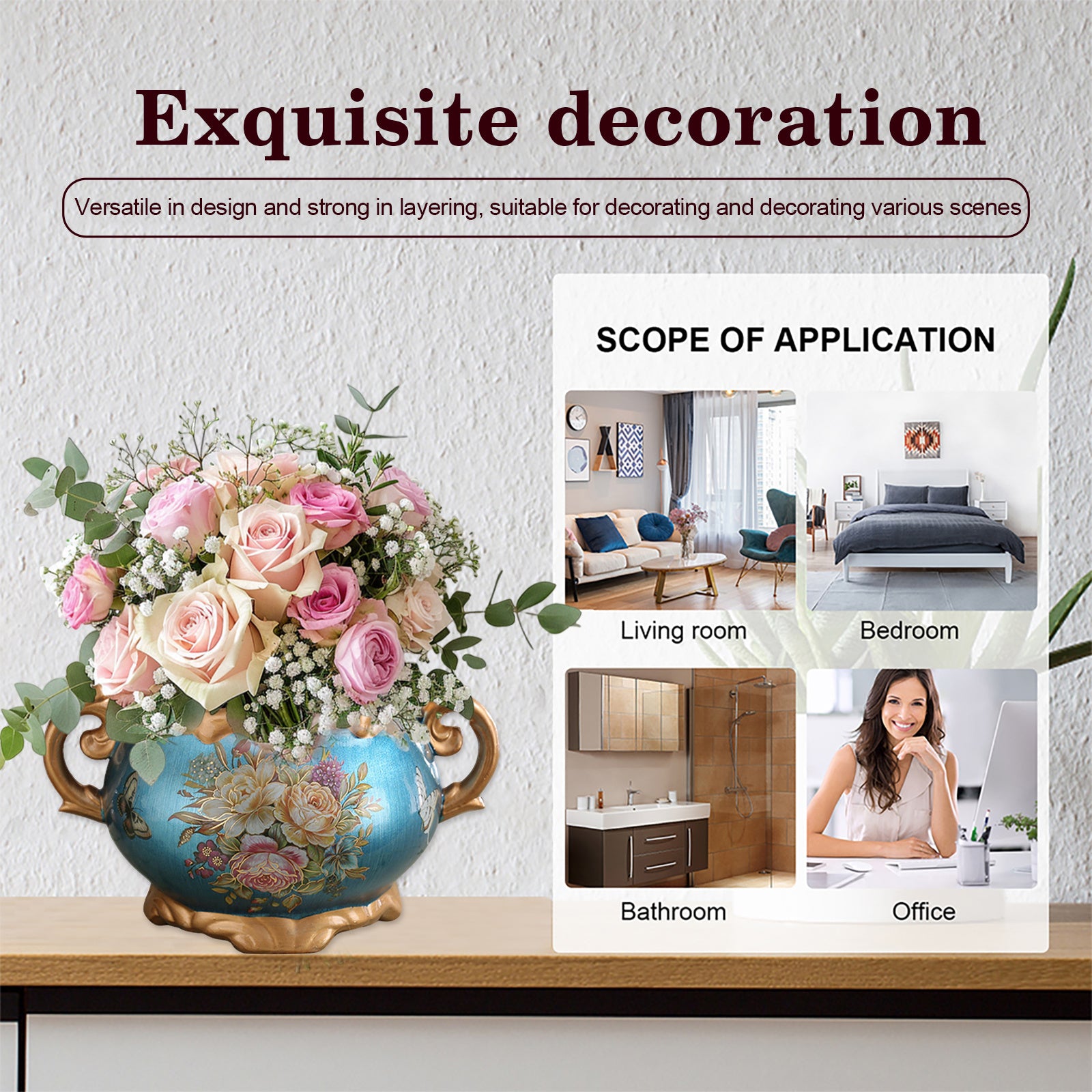 Hand Painted Pattern Vase with Handle American Style Double Ear Vase Handcrafted Glazed Vase for Home Living Room Dining Room Office Bookshelf