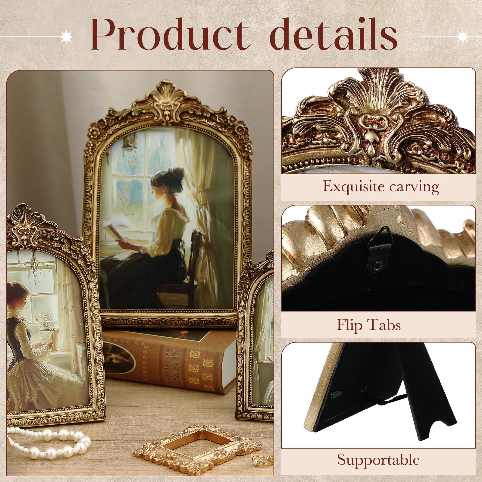 3pcs Pcs Vintage vintage Baroque Ornate Golden Arched Photo Frames with Glass Front Suitable for 4x6, 5x7, 6x8 Photos - Tabletop or Wall-Mountable Picture Frames for Home Decor, Weddings, for home Decor Gifts (Elegant)