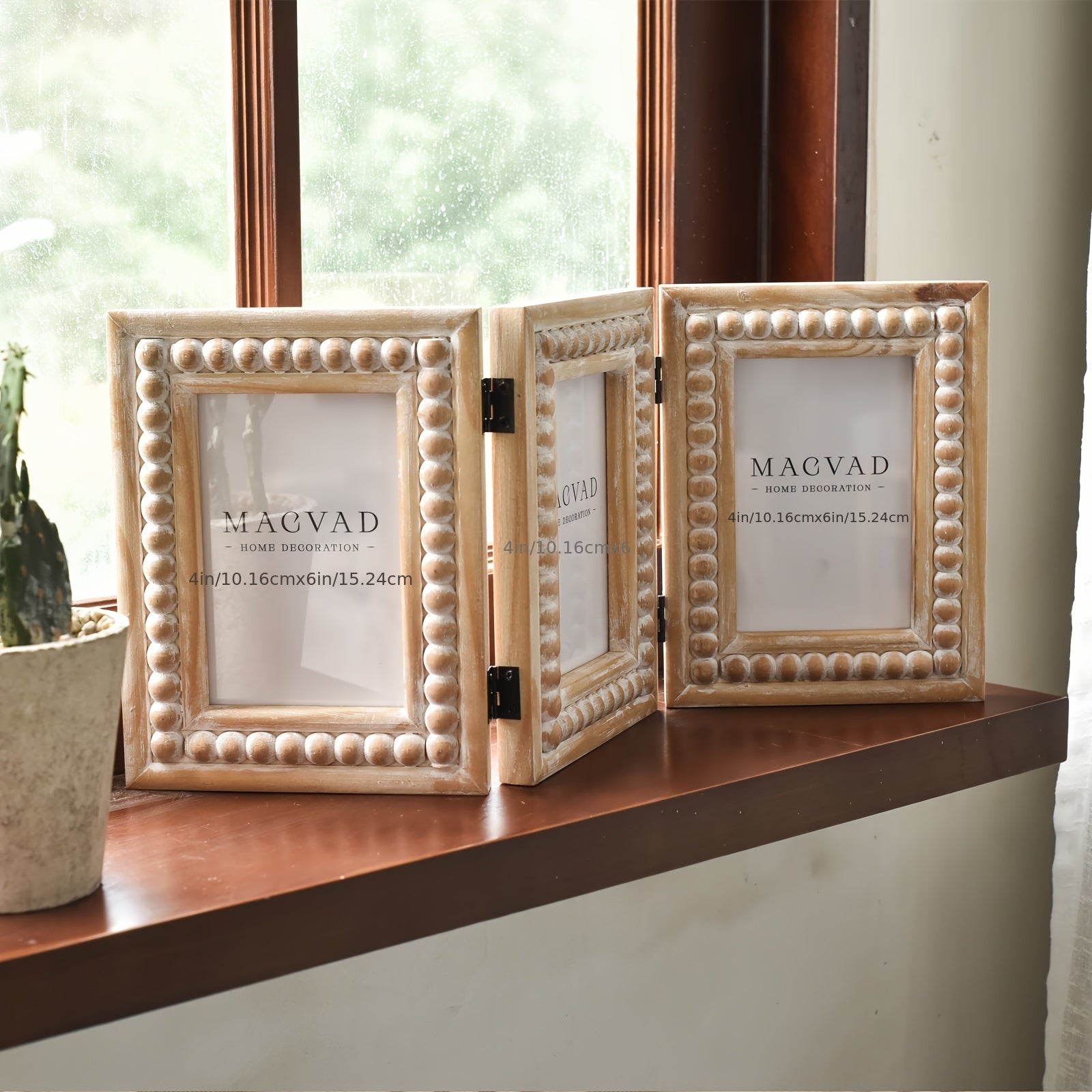 Rustic Distressed 3 Photos Folding Picture Frame Collage with Decorative Wood Beads, 3 Picture Frames 4x6 for Table Or Wall Hanging, Farmhouse Gift Idea for Family And Friends