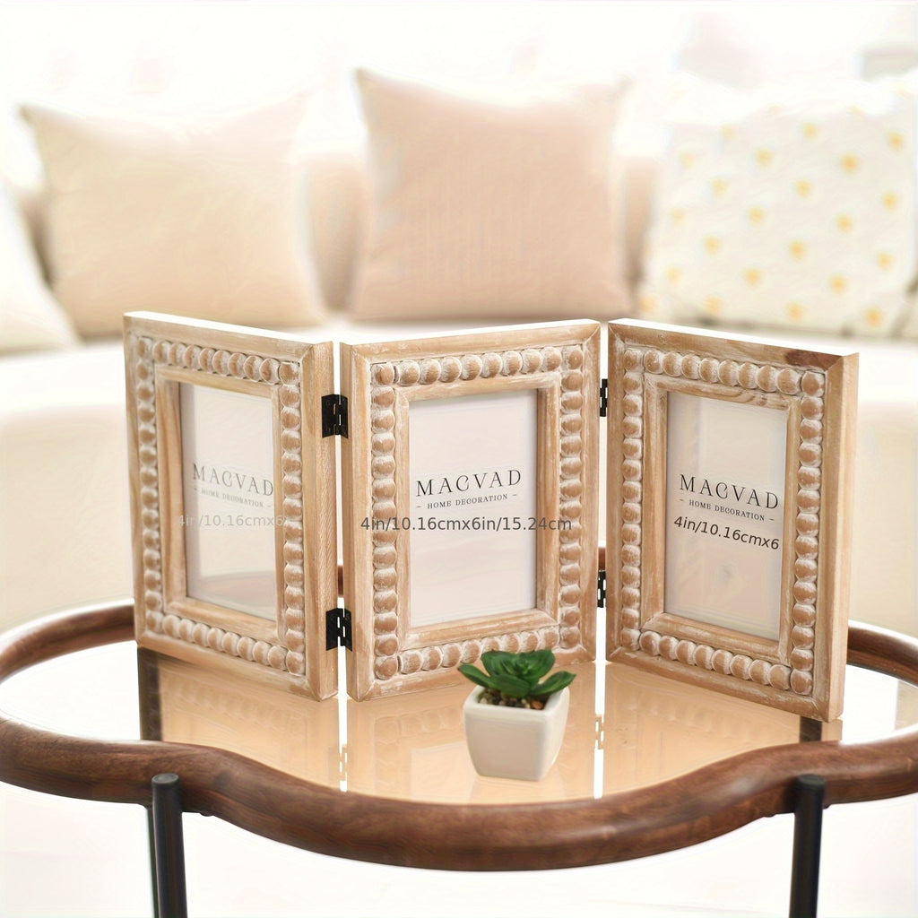 Rustic Distressed 3 Photos Folding Picture Frame Collage with Decorative Wood Beads, 3 Picture Frames 4x6 for Table Or Wall Hanging, Farmhouse Gift Idea for Family And Friends