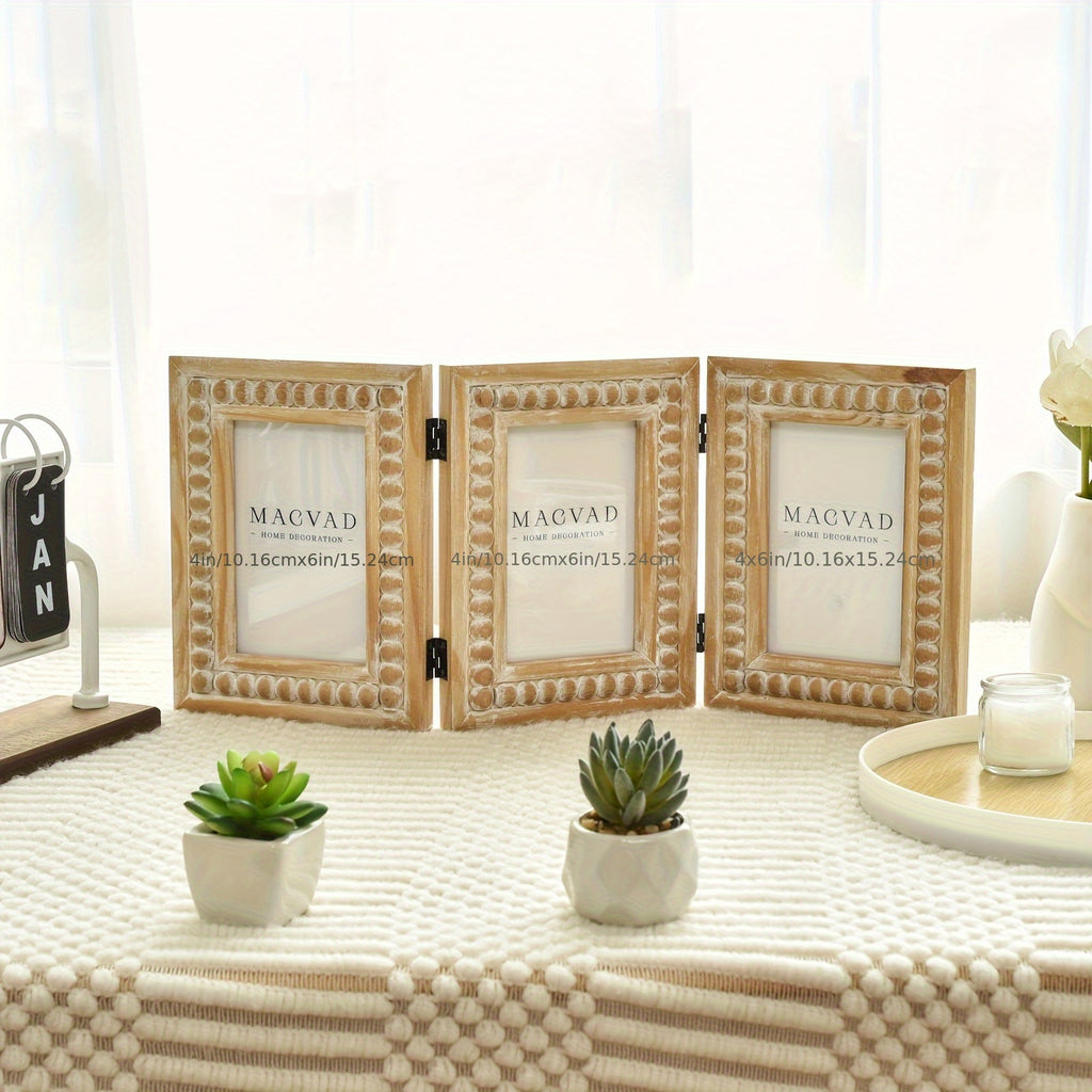 Rustic Distressed 3 Photos Folding Picture Frame Collage with Decorative Wood Beads, 3 Picture Frames 4x6 for Table Or Wall Hanging, Farmhouse Gift Idea for Family And Friends