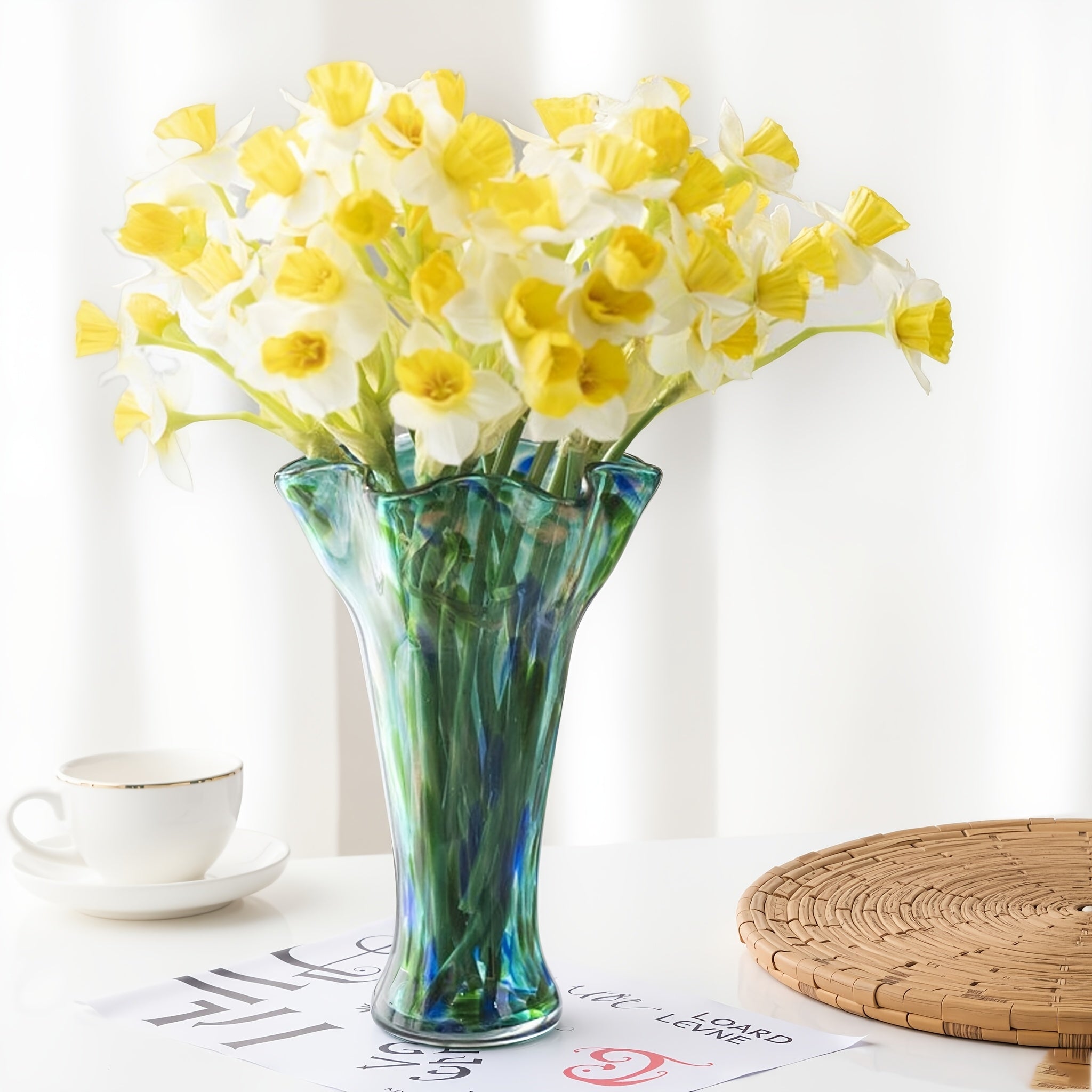 1pc Teal Glass Vase, Hand Blown Vase Decoration, Capable Of Cultivating Fresh Flowers In Water, Wide Mouthed Green Vase Decoration, Beautiful Spring Flower Arrangement Container, Glass Vases for Centerpieces for Bookshelves, Dining Tables, Bedrooms