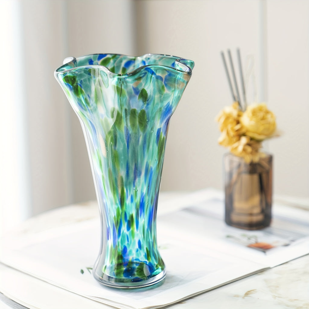 1pc Teal Glass Vase, Hand Blown Vase Decoration, Capable Of Cultivating Fresh Flowers In Water, Wide Mouthed Green Vase Decoration, Beautiful Spring Flower Arrangement Container, Glass Vases for Centerpieces for Bookshelves, Dining Tables, Bedrooms