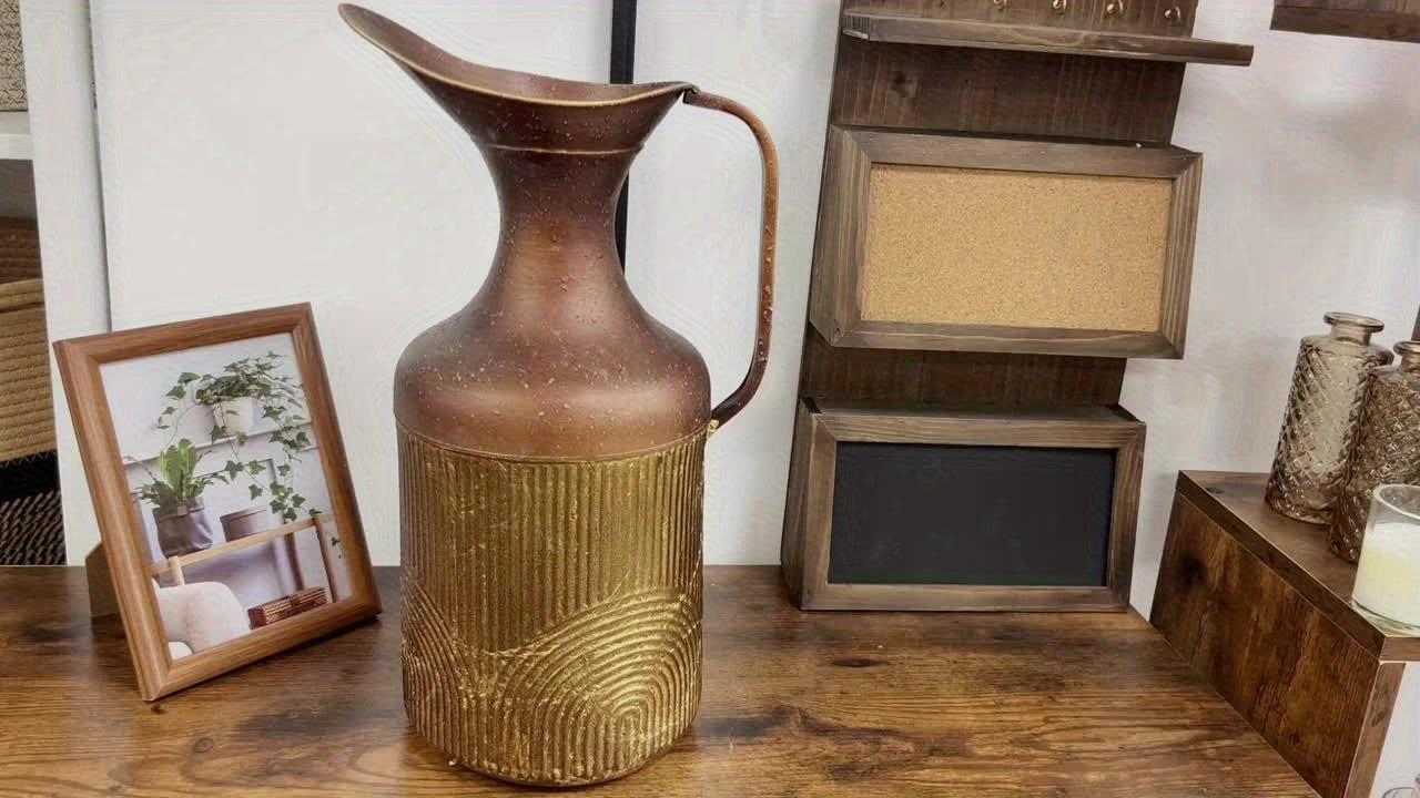 Rustic Metal Pitcher Vase with Handle, Farmhouse Vintage Decorative Jug for Dining Table, Kitchen & Living Room Display
