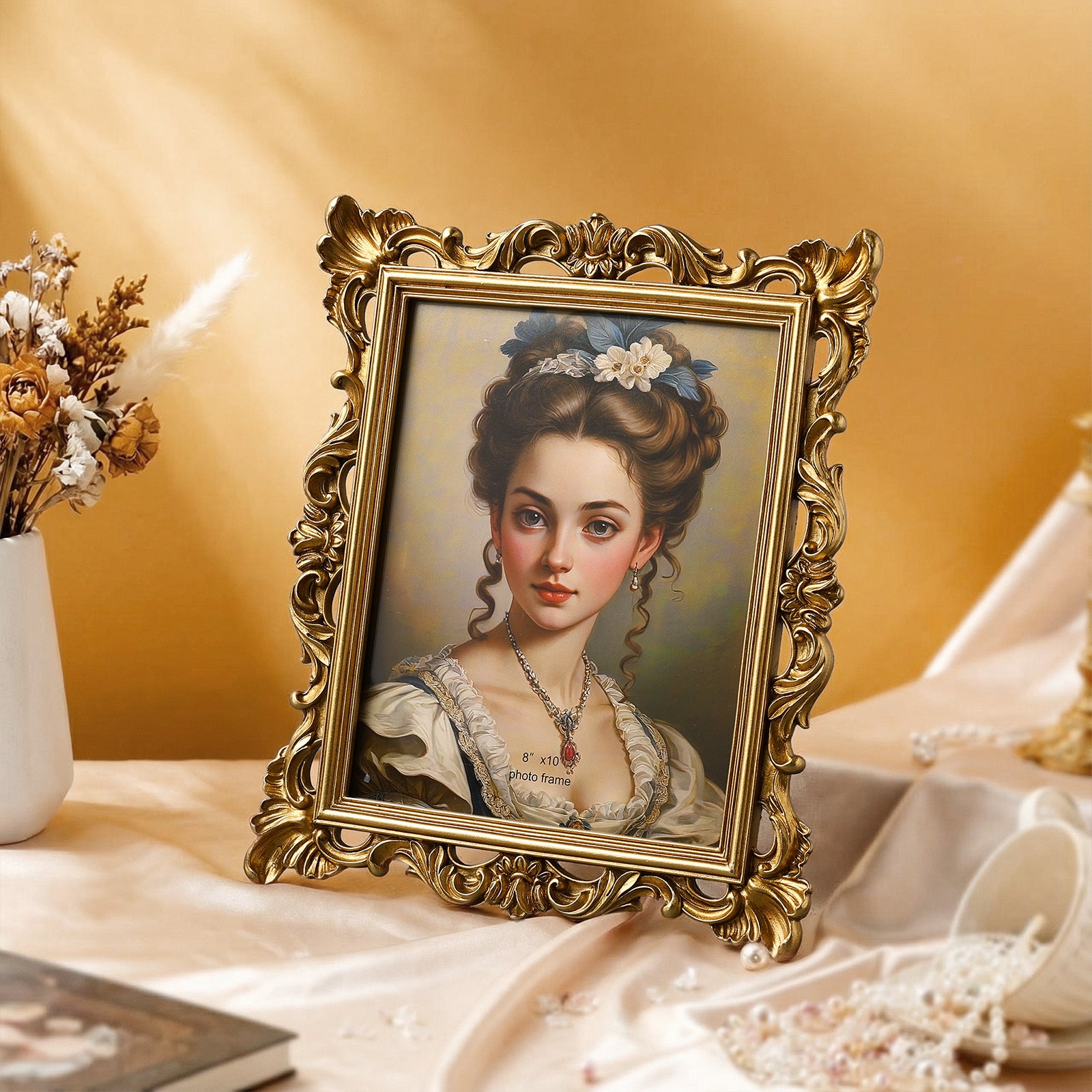 2pcs 8 x 10 Inches Victorian Golden Frame | Baroque Ornate Rectangle Vintage Photo Picture Frame with Backboard Glass Front for Desktop Display Wall Hanging Wedding Bridal Shower (Stylish)