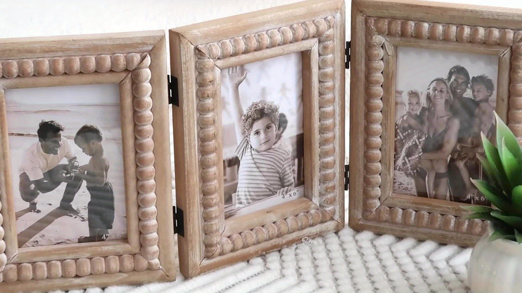 Rustic Distressed 3 Photos Folding Picture Frame Collage with Decorative Wood Beads, 3 Picture Frames 4x6 for Table Or Wall Hanging, Farmhouse Gift Idea for Family And Friends