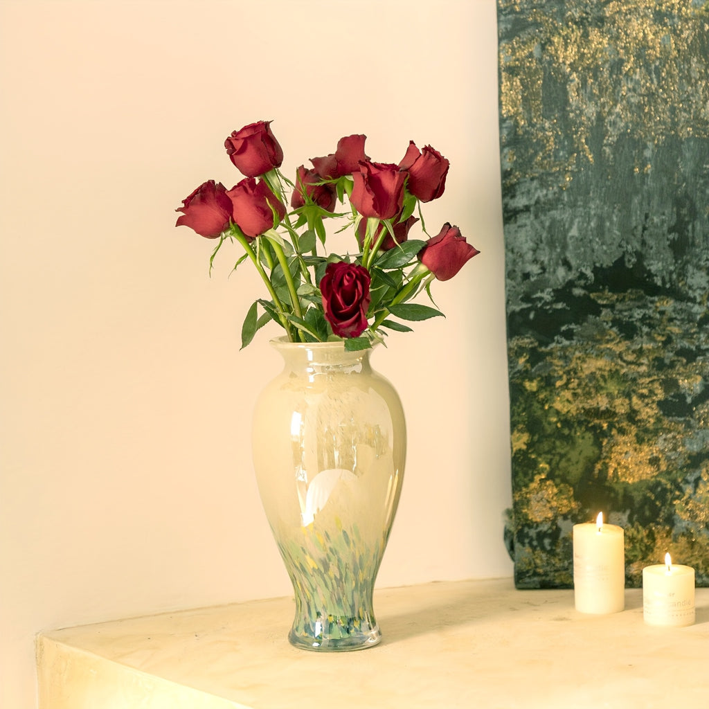 1pc Green Glass Vase - Handmade Blown Glass Art Home Decoration. Beautiful Spring Flower Arrangement Container, Wide Mouth Vase Is Suitable for Central Table Decoration, Living Room Or Wedding Decoration, And Is A Unique Gift for Mothers And Sisters