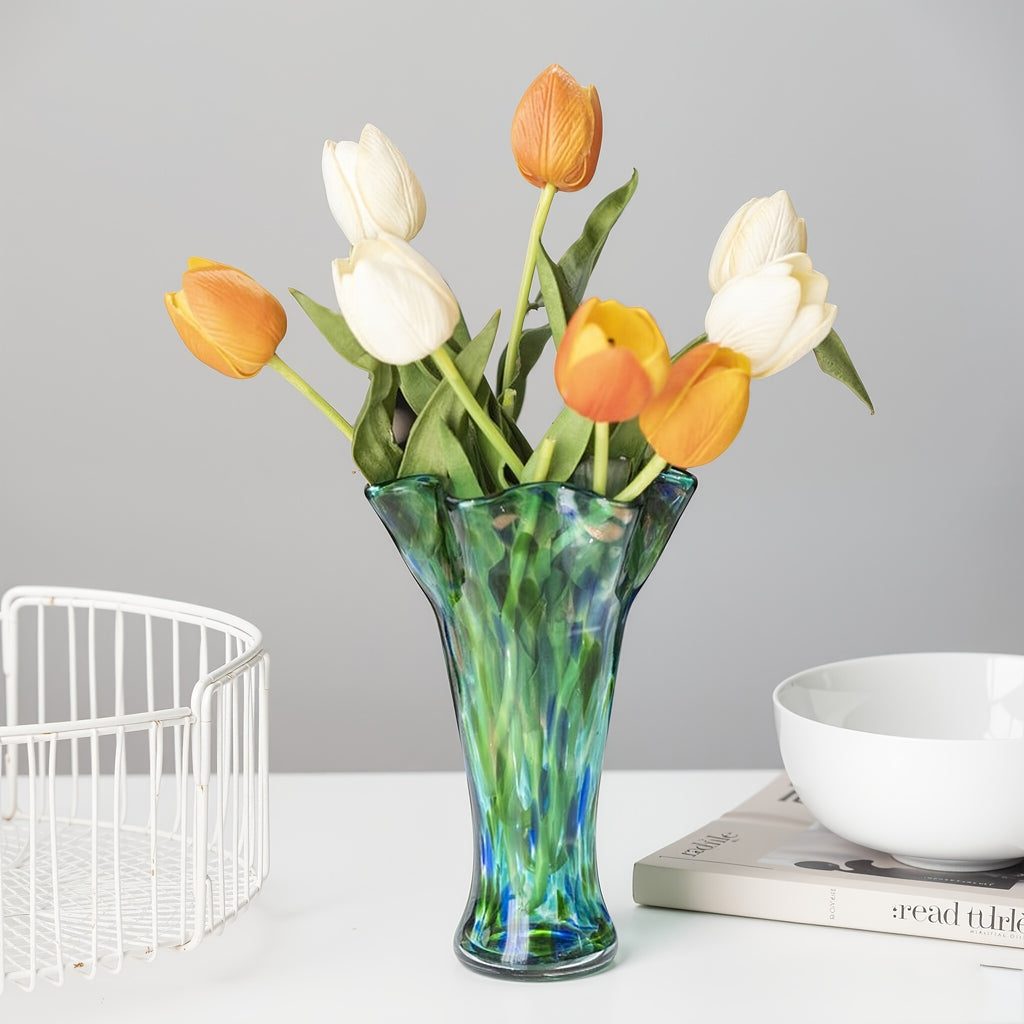 1pc Teal Glass Vase, Hand Blown Vase Decoration, Capable Of Cultivating Fresh Flowers In Water, Wide Mouthed Green Vase Decoration, Beautiful Spring Flower Arrangement Container, Glass Vases for Centerpieces for Bookshelves, Dining Tables, Bedrooms