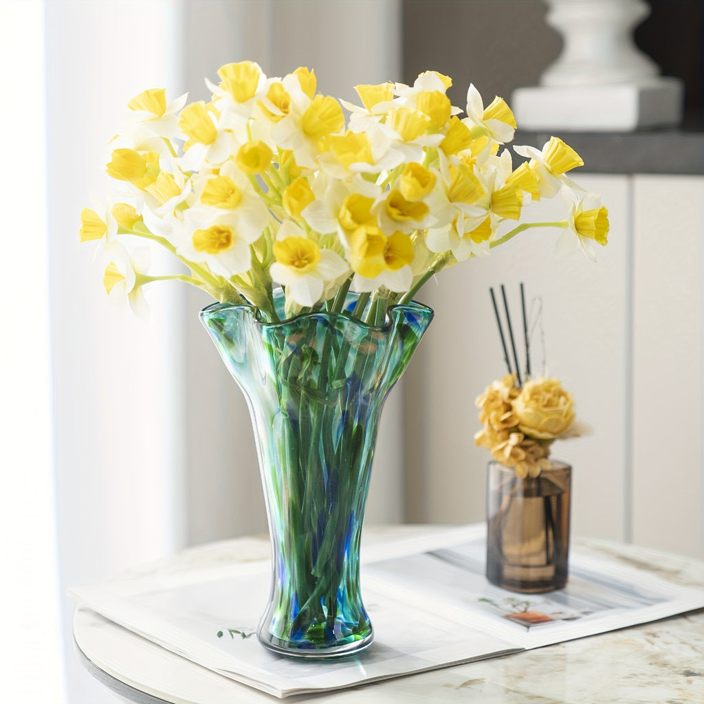 1pc Teal Glass Vase, Hand Blown Vase Decoration, Capable Of Cultivating Fresh Flowers In Water, Wide Mouthed Green Vase Decoration, Beautiful Spring Flower Arrangement Container, Glass Vases for Centerpieces for Bookshelves, Dining Tables, Bedrooms