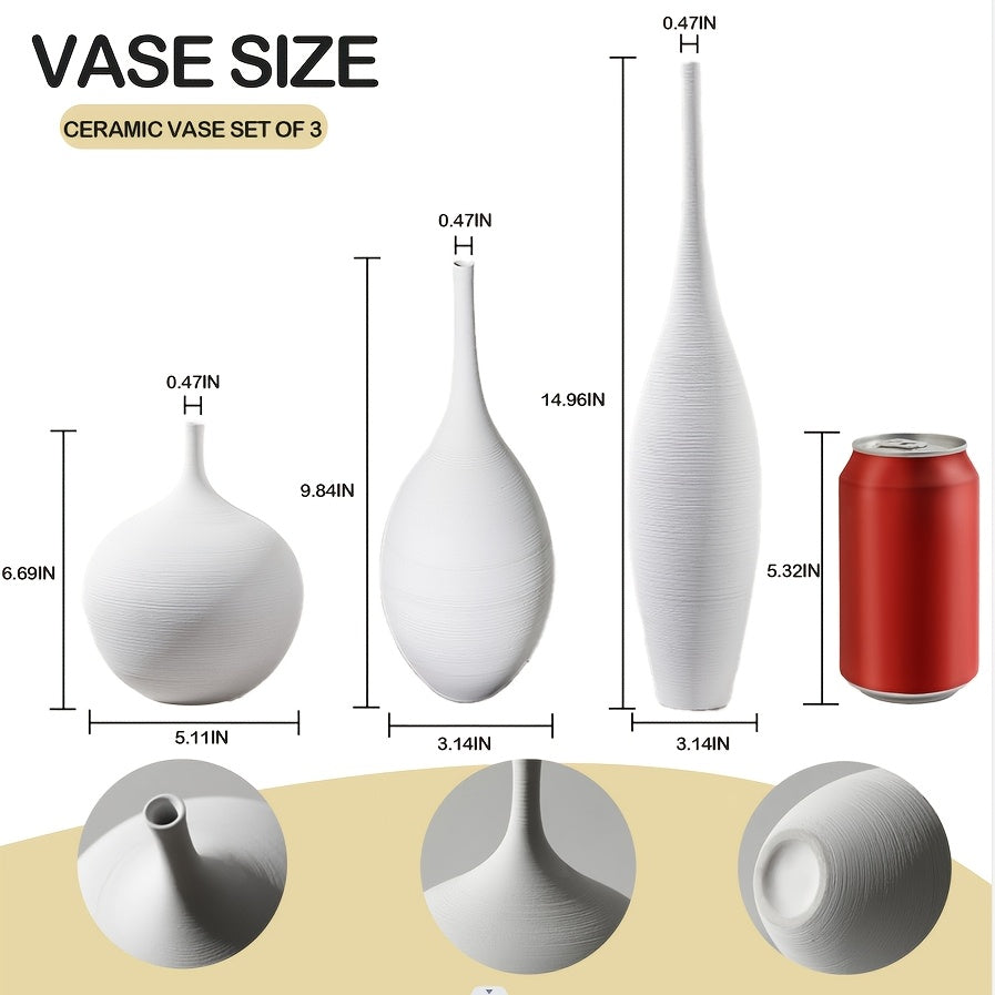 Set of 3 White Ceramic Vases | Modern Boho Style Matte Minimalist Bud Vases for Centerpiece Decor, Ideal for Living Room, Bookshelf, and Entryway Table Decor