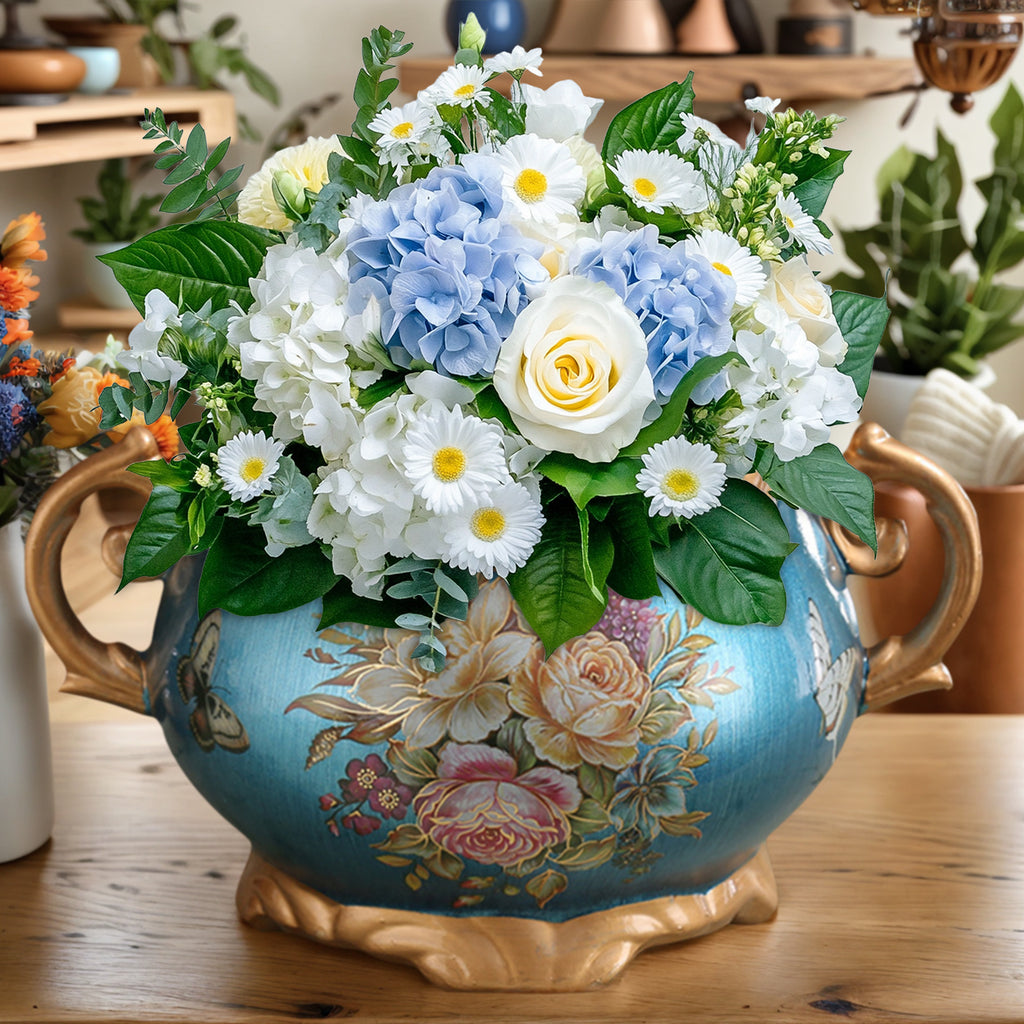 Hand Painted Pattern Vase with Handle American Style Double Ear Vase Handcrafted Glazed Vase for Home Living Room Dining Room Office Bookshelf