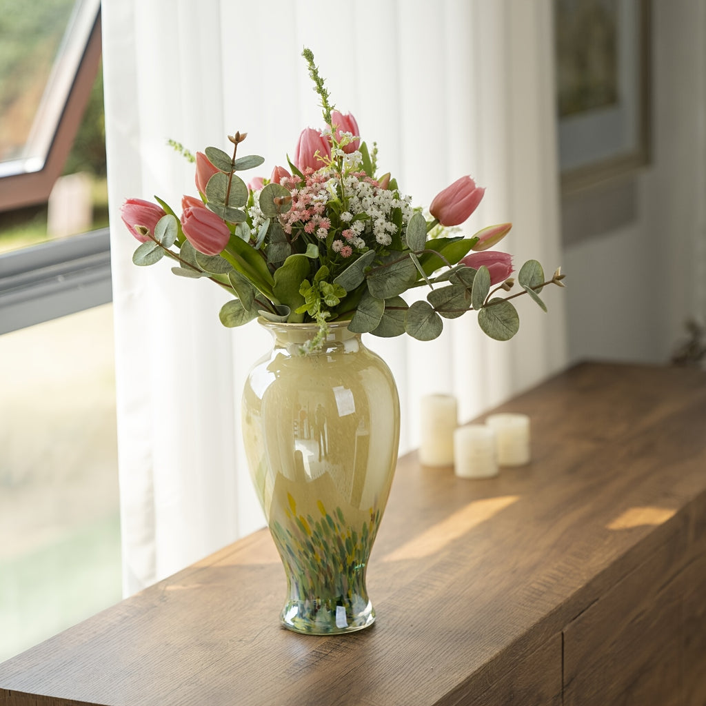 1pc Green Glass Vase - Handmade Blown Glass Art Home Decoration. Beautiful Spring Flower Arrangement Container, Wide Mouth Vase Is Suitable for Central Table Decoration, Living Room Or Wedding Decoration, And Is A Unique Gift for Mothers And Sisters