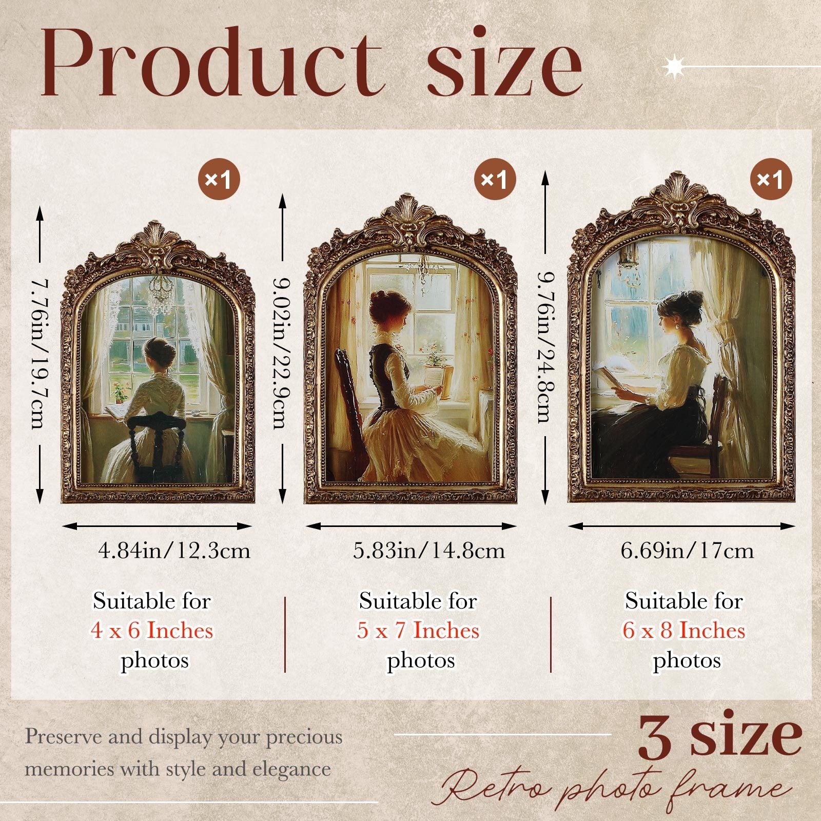 3pcs Pcs Vintage vintage Baroque Ornate Golden Arched Photo Frames with Glass Front Suitable for 4x6, 5x7, 6x8 Photos - Tabletop or Wall-Mountable Picture Frames for Home Decor, Weddings, for home Decor Gifts (Elegant)
