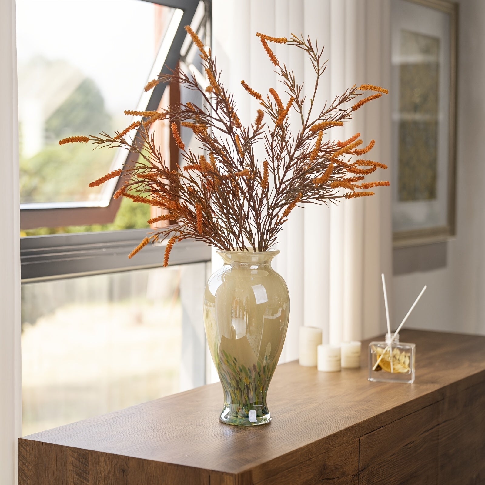 1pc Green Glass Vase - Handmade Blown Glass Art Home Decoration. Beautiful Spring Flower Arrangement Container, Wide Mouth Vase Is Suitable for Central Table Decoration, Living Room Or Wedding Decoration, And Is A Unique Gift for Mothers And Sisters