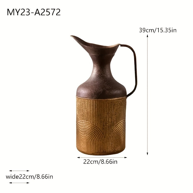 Rustic Metal Pitcher Vase with Handle, Farmhouse Vintage Decorative Jug for Dining Table, Kitchen & Living Room Display