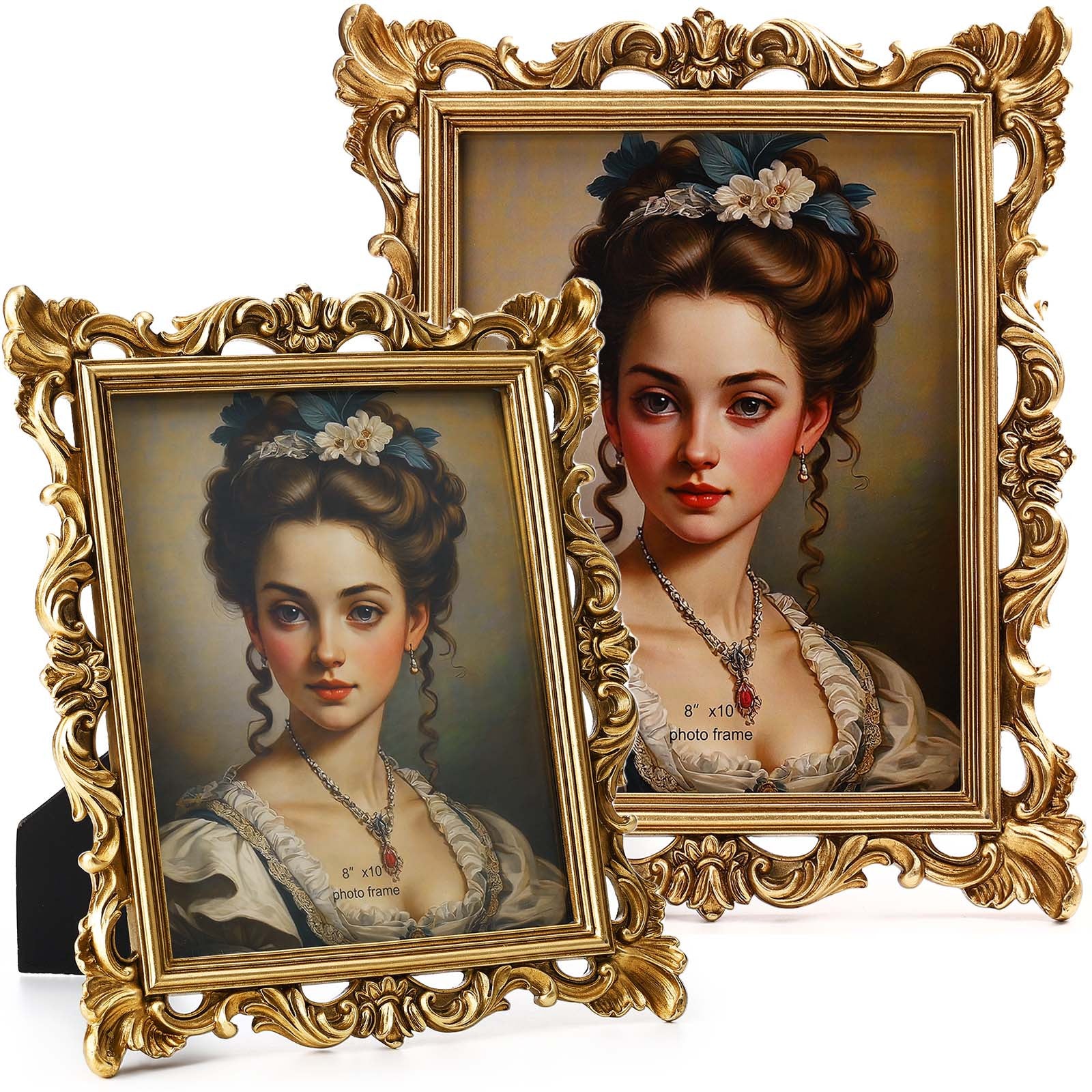 2pcs 8 x 10 Inches Victorian Golden Frame | Baroque Ornate Rectangle Vintage Photo Picture Frame with Backboard Glass Front for Desktop Display Wall Hanging Wedding Bridal Shower (Stylish)