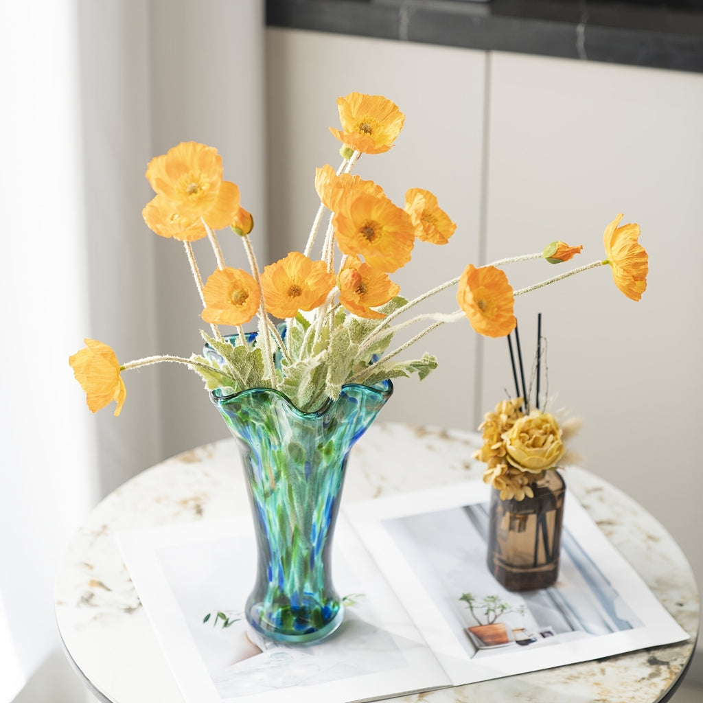 1pc Teal Glass Vase, Hand Blown Vase Decoration, Capable Of Cultivating Fresh Flowers In Water, Wide Mouthed Green Vase Decoration, Beautiful Spring Flower Arrangement Container, Glass Vases for Centerpieces for Bookshelves, Dining Tables, Bedrooms