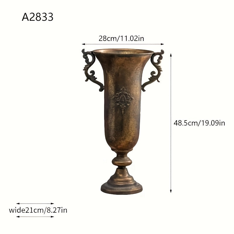 Vintage Metal Pedestal Vase, Vintage Golden Floral Embossed Floor Vase with Handles for Farmhouse Living Room & Entryway Decor