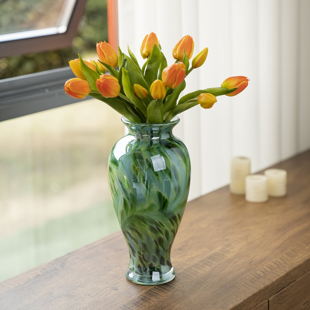1pc Green Glass Vase - Handmade Blown Glass Art Home Decoration. Beautiful Spring Flower Arrangement Container, Wide Mouth Vase Is Suitable for Central Table Decoration, Living Room Or Wedding Decoration, And Is A Unique Gift for Mothers And Sisters