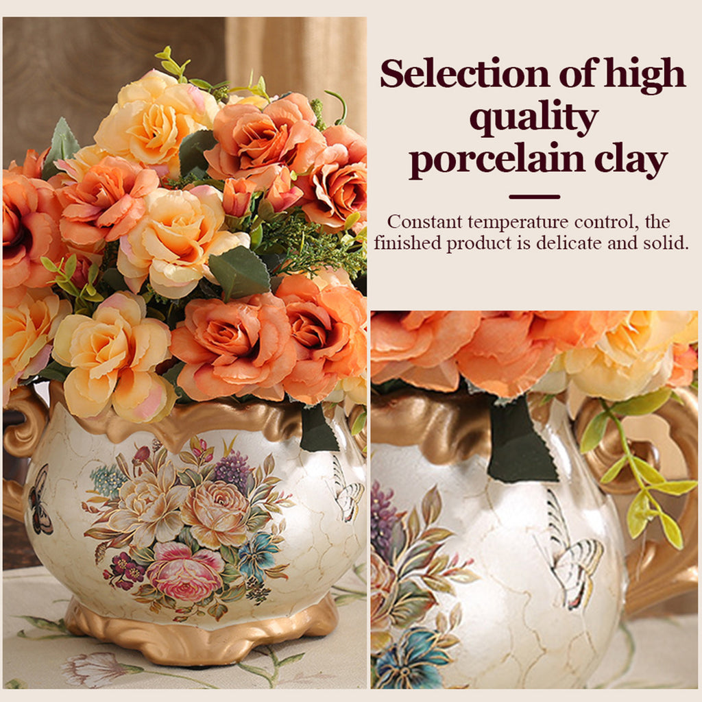 Hand Painted Pattern Vase with Handle American Style Double Ear Vase Handcrafted Glazed Vase for Home Living Room Dining Room Office Bookshelf