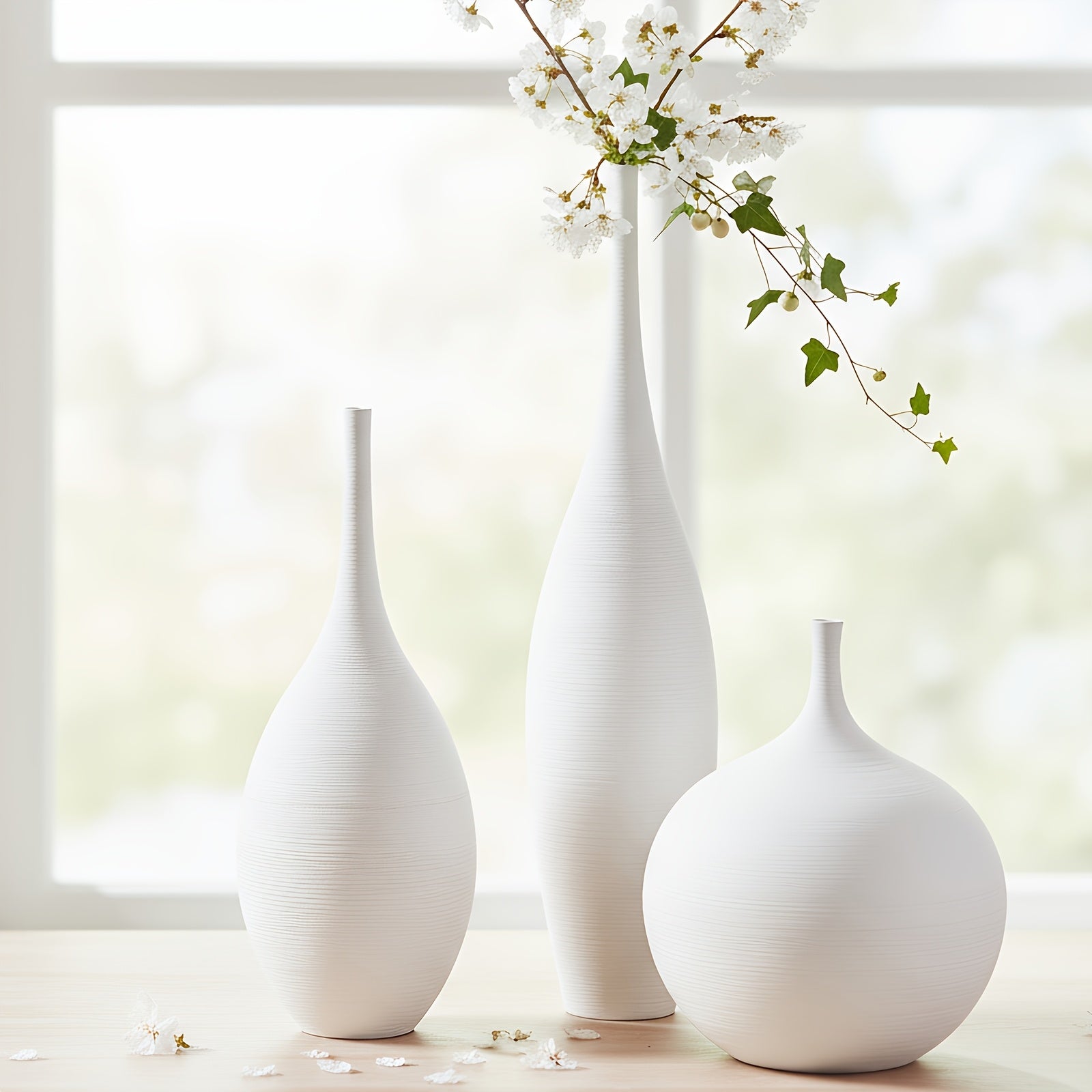 Set of 3 White Ceramic Vases | Modern Boho Style Matte Minimalist Bud Vases for Centerpiece Decor, Ideal for Living Room, Bookshelf, and Entryway Table Decor
