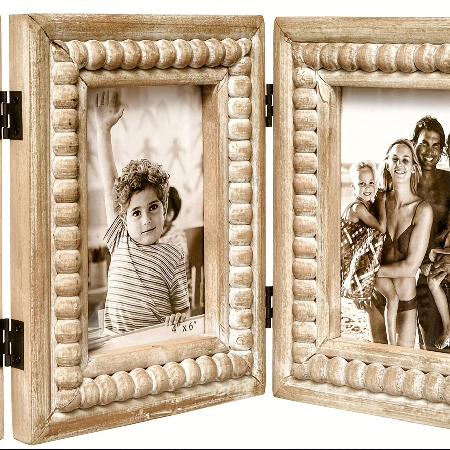 Rustic Distressed 3 Photos Folding Picture Frame Collage with Decorative Wood Beads, 3 Picture Frames 4x6 for Table Or Wall Hanging, Farmhouse Gift Idea for Family And Friends