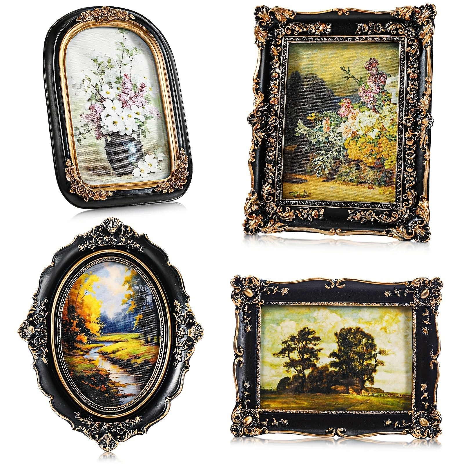 4pcs Elegant Black Gothic Picture Frame Set with Golden Accents - Victorian Antique Wall Hanging Frames for Gallery Display, Perfect for Home Decor, Photo Presentation|Classic Wall Art|Ornate Frames