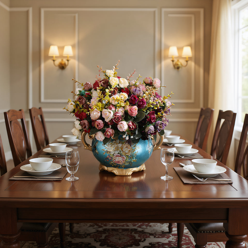 Hand Painted Pattern Vase with Handle American Style Double Ear Vase Handcrafted Glazed Vase for Home Living Room Dining Room Office Bookshelf