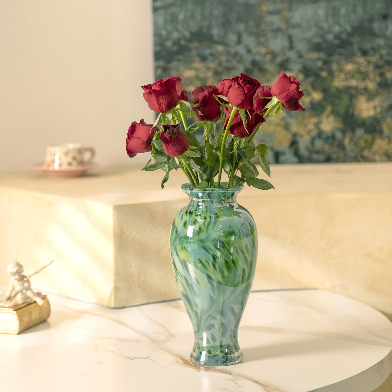 1pc Green Glass Vase - Handmade Blown Glass Art Home Decoration. Beautiful Spring Flower Arrangement Container, Wide Mouth Vase Is Suitable for Central Table Decoration, Living Room Or Wedding Decoration, And Is A Unique Gift for Mothers And Sisters