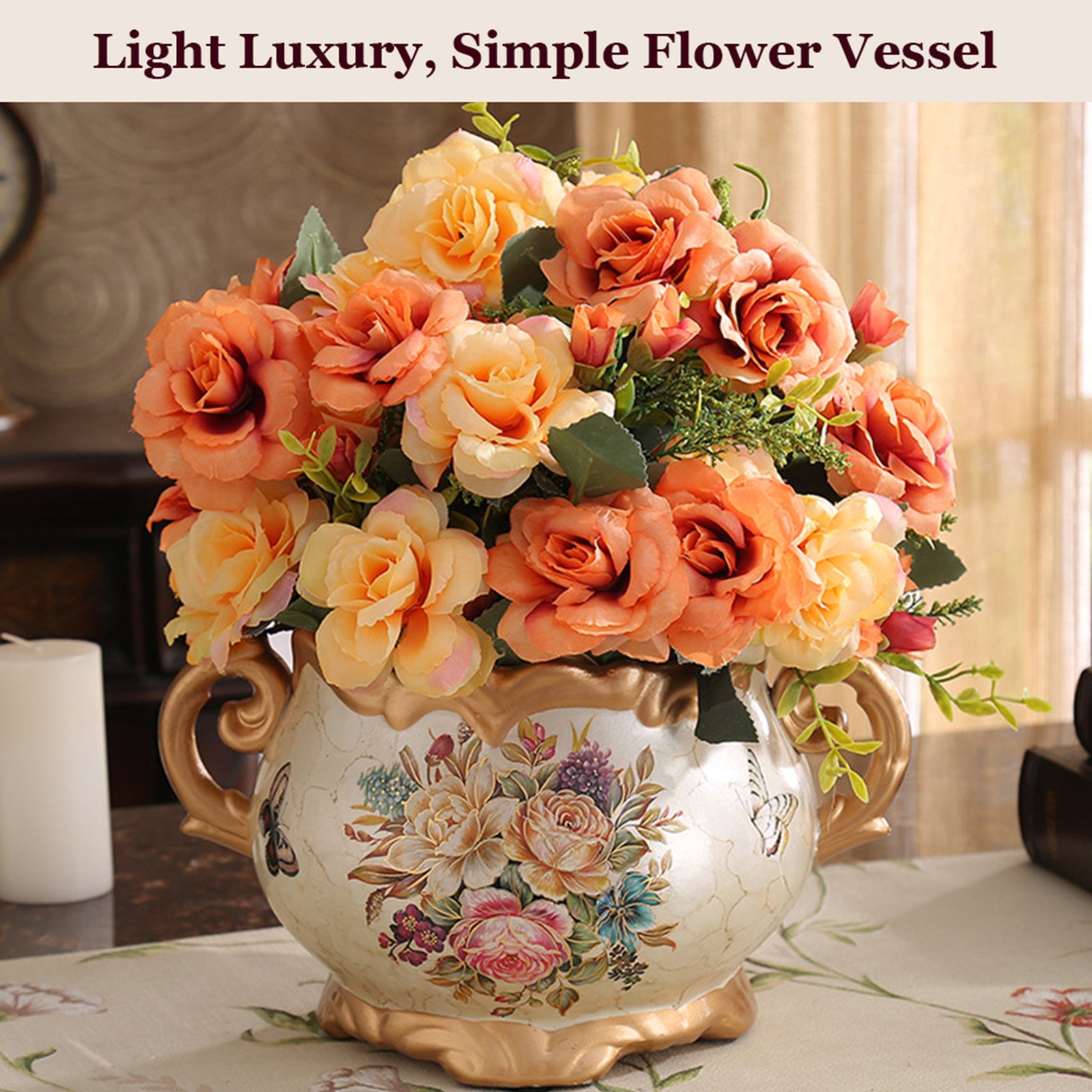 Hand Painted Pattern Vase with Handle American Style Double Ear Vase Handcrafted Glazed Vase for Home Living Room Dining Room Office Bookshelf