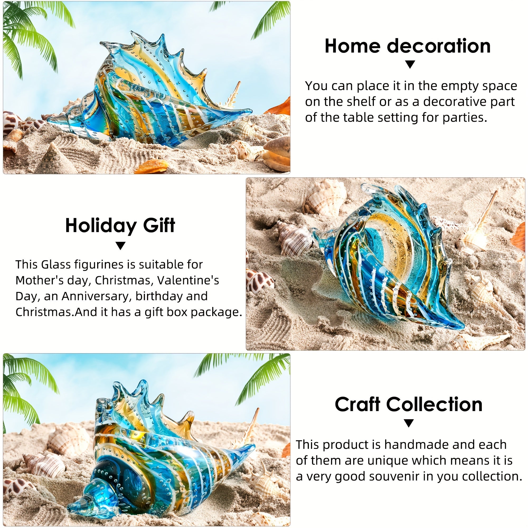 Hand Blown Glass Conch Figurines Ornament, Sea Animal Ornament for Home Decor, Sea Animals Collection for Birthday Gift, Glass Seashell