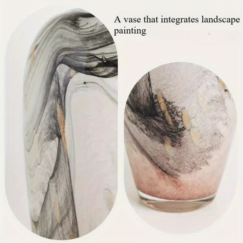 A Stylish Glass Vase in an Elegant Ink Painting Design, Perfect for Decorating a Classic Bedroom Desk, Ideal for Arranging Small Flowers, And Suitable for Hydroponically Grown Fresh Blooms