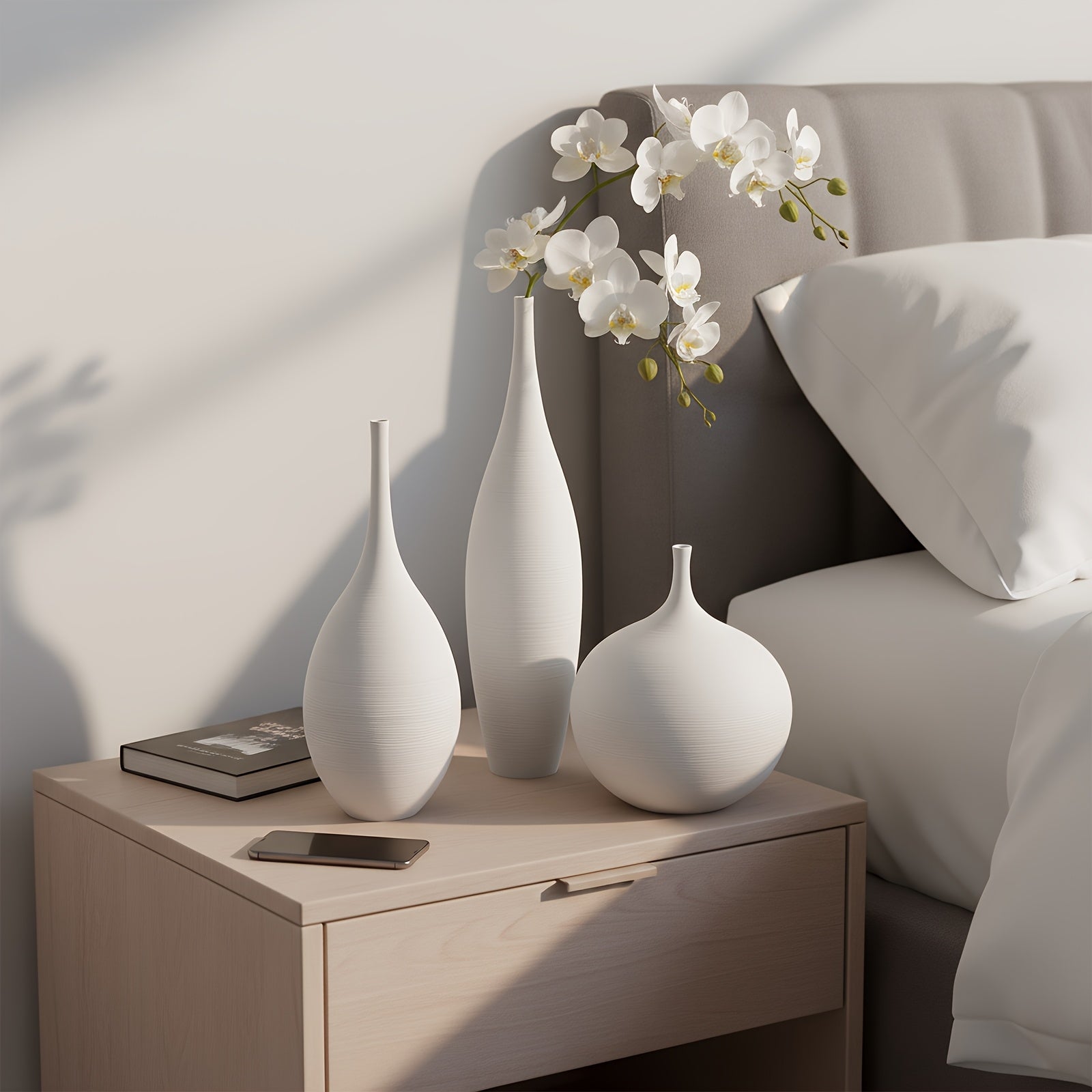 Set of 3 White Ceramic Vases | Modern Boho Style Matte Minimalist Bud Vases for Centerpiece Decor, Ideal for Living Room, Bookshelf, and Entryway Table Decor