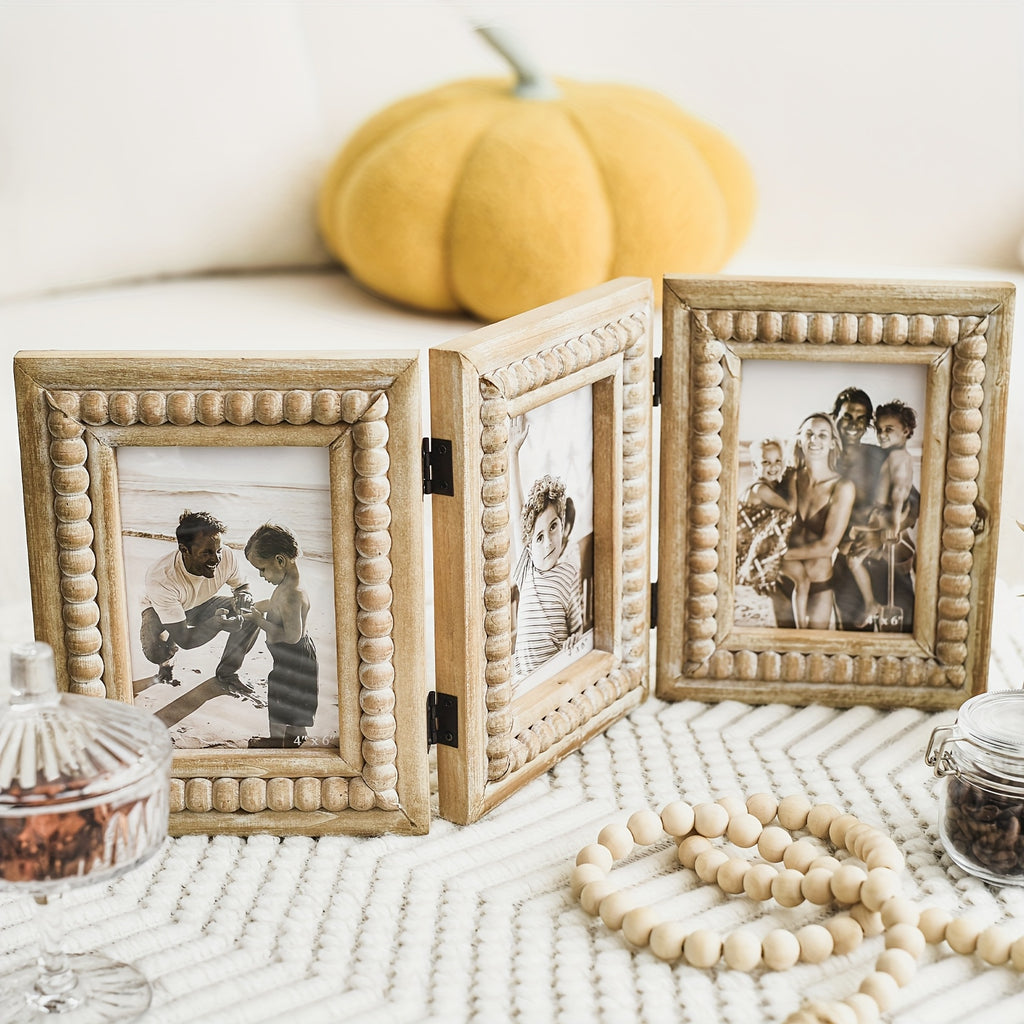 Rustic Distressed 3 Photos Folding Picture Frame Collage with Decorative Wood Beads, 3 Picture Frames 4x6 for Table Or Wall Hanging, Farmhouse Gift Idea for Family And Friends