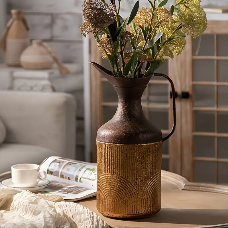 Rustic Metal Pitcher Vase with Handle, Farmhouse Vintage Decorative Jug for Dining Table, Kitchen & Living Room Display