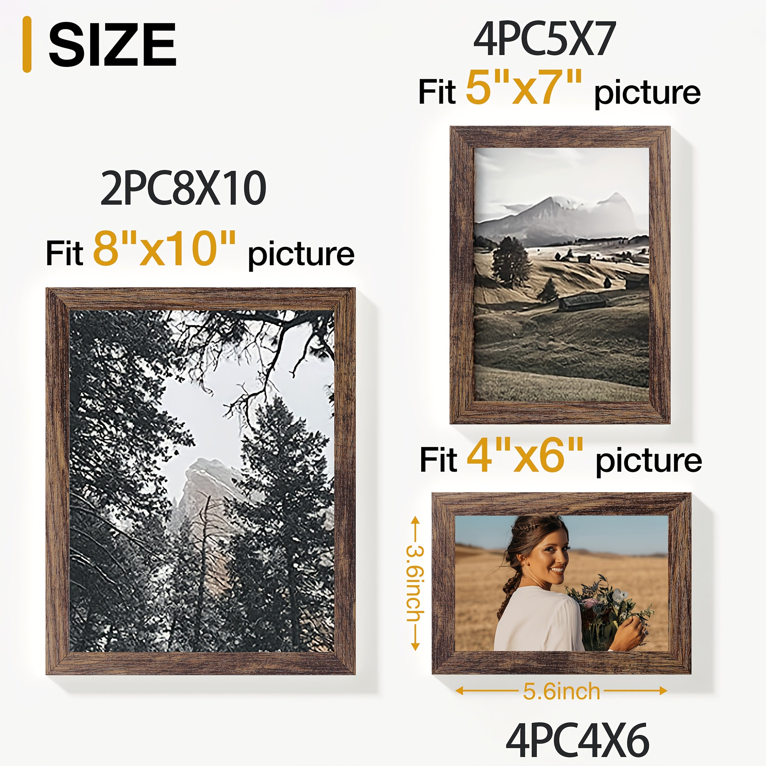 Picture Frames Set, 10 Pack Wall Frame Set In 3 Different Finishes with Mat for Multiple Sizes Photos, TWo 8x10, Four 5x7, Four4x6 for Wall Gallery Decor, Hanging Or Tabletop Display