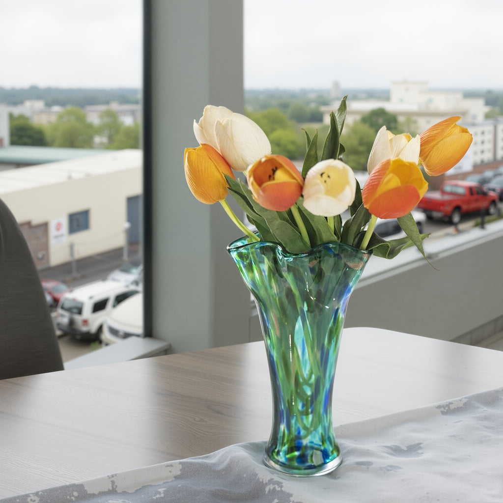 1pc Teal Glass Vase, Hand Blown Vase Decoration, Capable Of Cultivating Fresh Flowers In Water, Wide Mouthed Green Vase Decoration, Beautiful Spring Flower Arrangement Container, Glass Vases for Centerpieces for Bookshelves, Dining Tables, Bedrooms