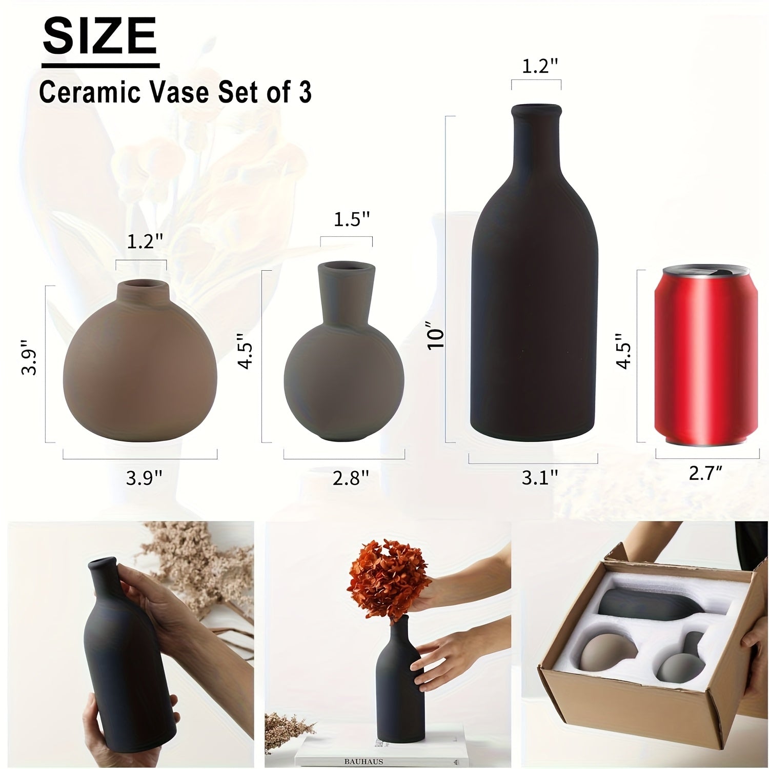 Set of 3 Ceramic Vases, Rustic Farmhouse Style Home Decor, Ideal for Bouquets of Pampas Grass And Dried Or Fresh Flowers, Suitable for Living Room, Kitchen, Bedroom, Bathroom, And Entryway Mantel - Multicolored