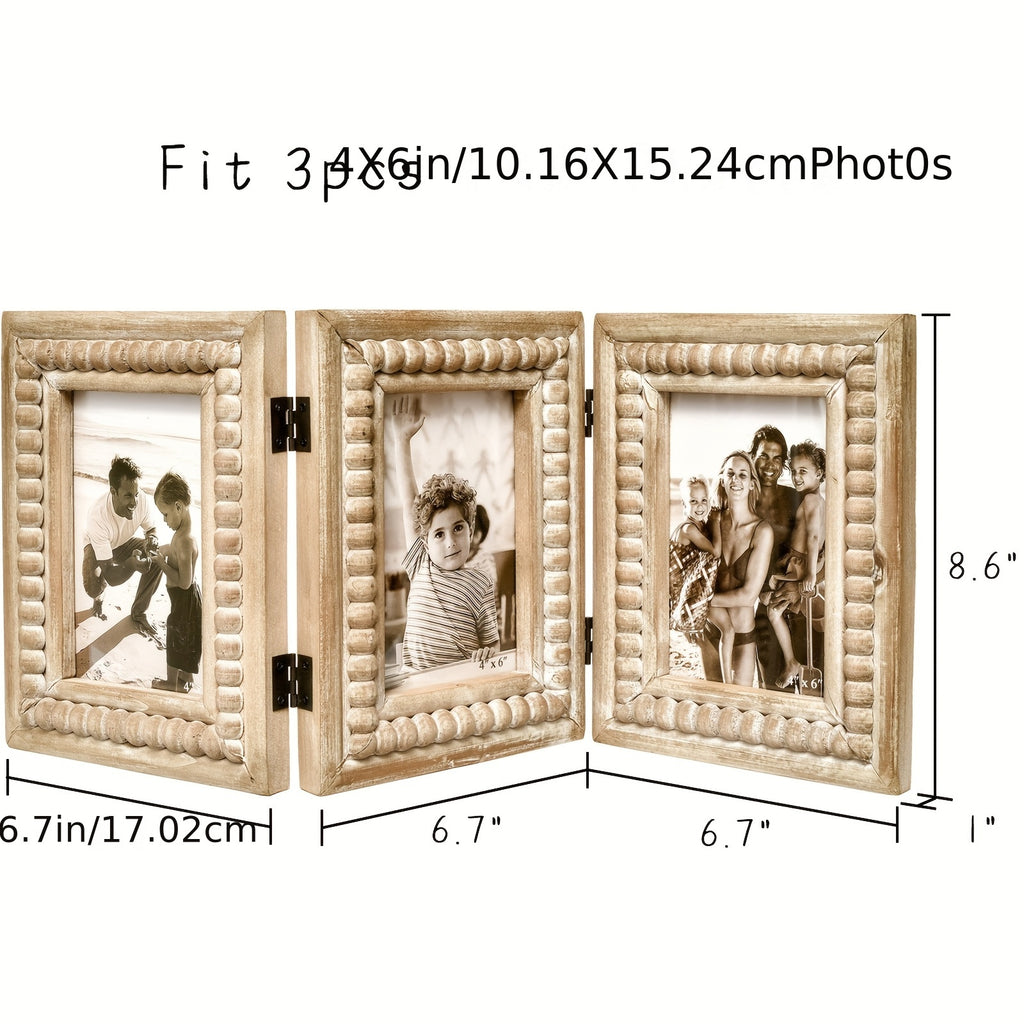 Rustic Distressed 3 Photos Folding Picture Frame Collage with Decorative Wood Beads, 3 Picture Frames 4x6 for Table Or Wall Hanging, Farmhouse Gift Idea for Family And Friends