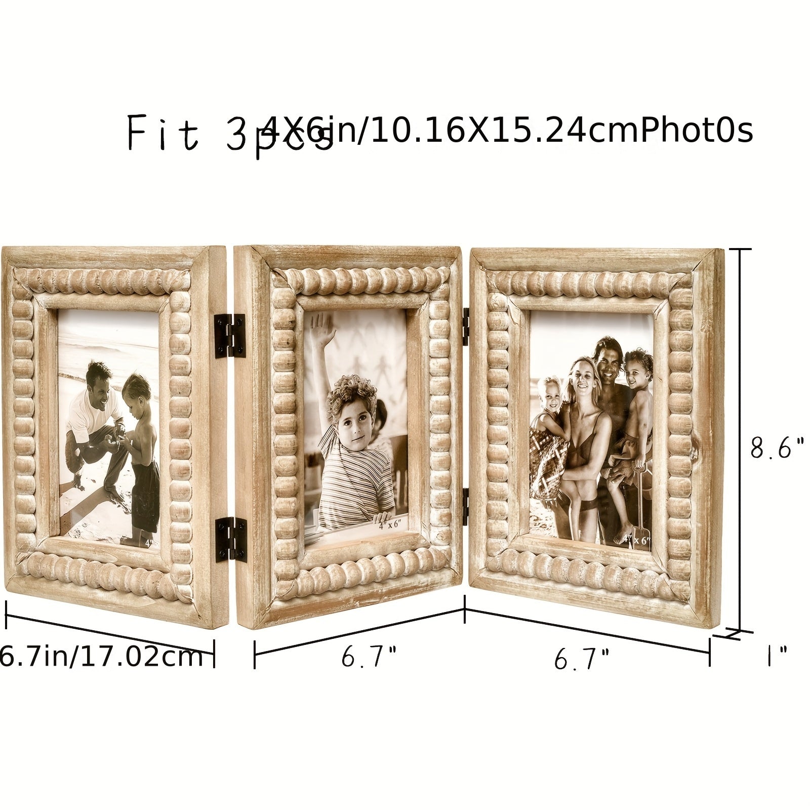 Rustic Distressed 3 Photos Folding Picture Frame Collage with Decorative Wood Beads, 3 Picture Frames 4x6 for Table Or Wall Hanging, Farmhouse Gift Idea for Family And Friends