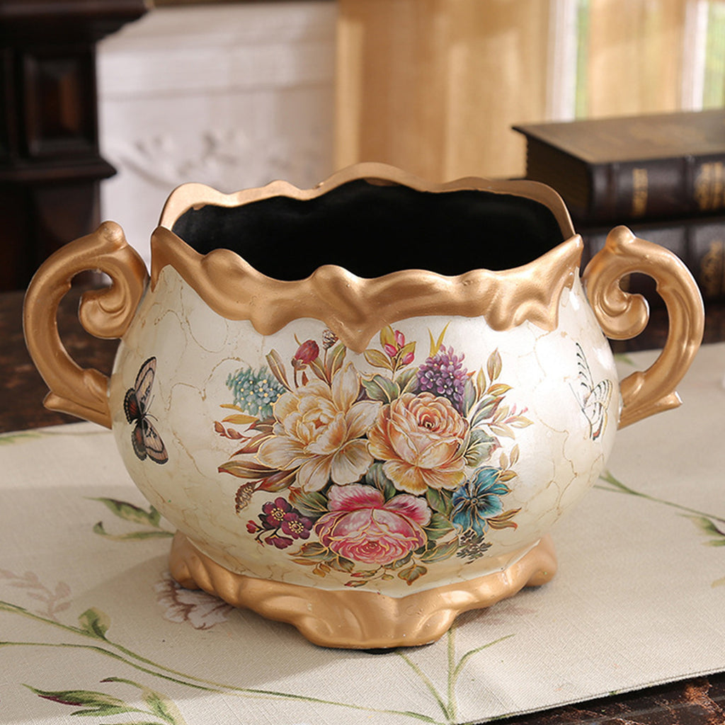 Hand Painted Pattern Vase with Handle American Style Double Ear Vase Handcrafted Glazed Vase for Home Living Room Dining Room Office Bookshelf