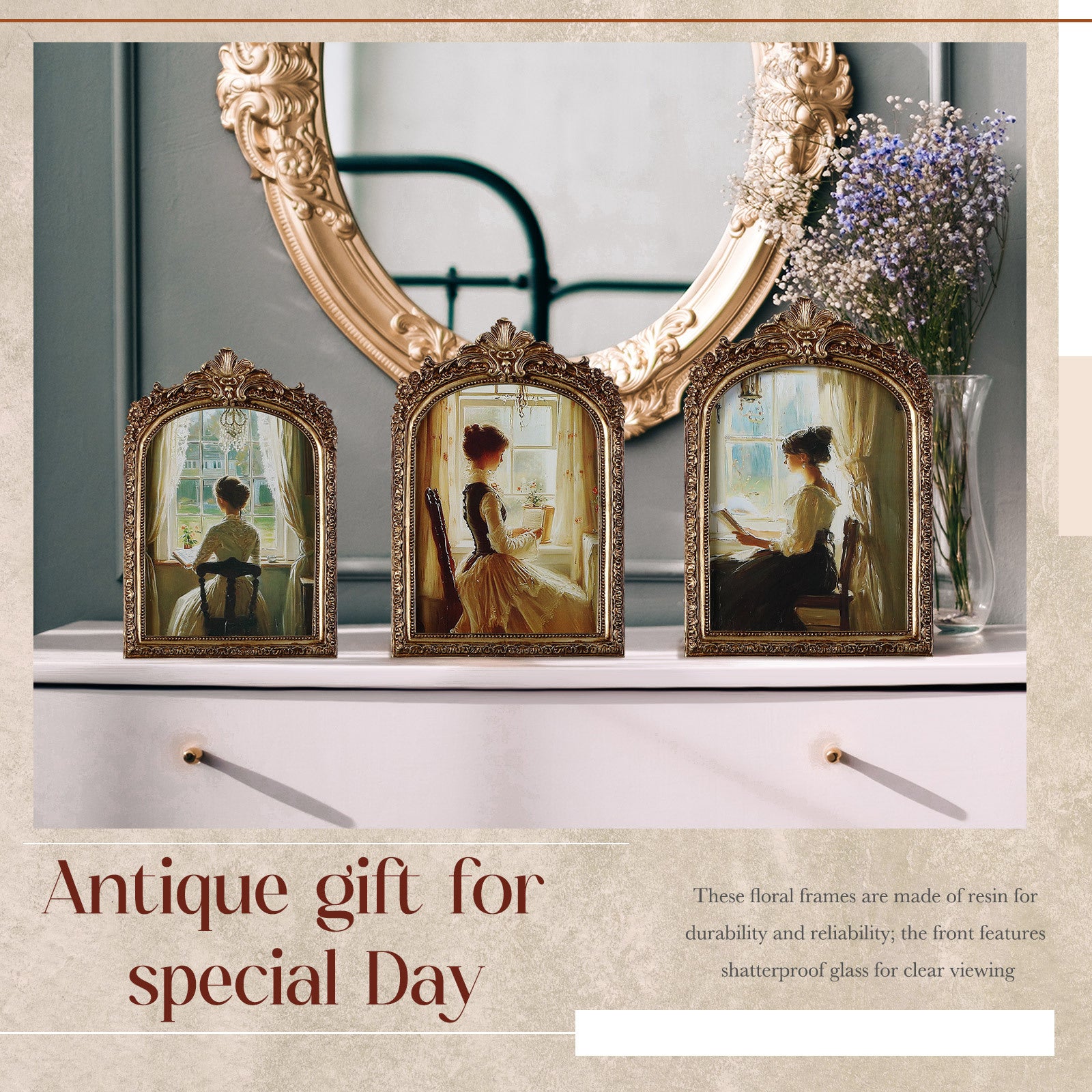 3pcs Pcs Vintage vintage Baroque Ornate Golden Arched Photo Frames with Glass Front Suitable for 4x6, 5x7, 6x8 Photos - Tabletop or Wall-Mountable Picture Frames for Home Decor, Weddings, for home Decor Gifts (Elegant)