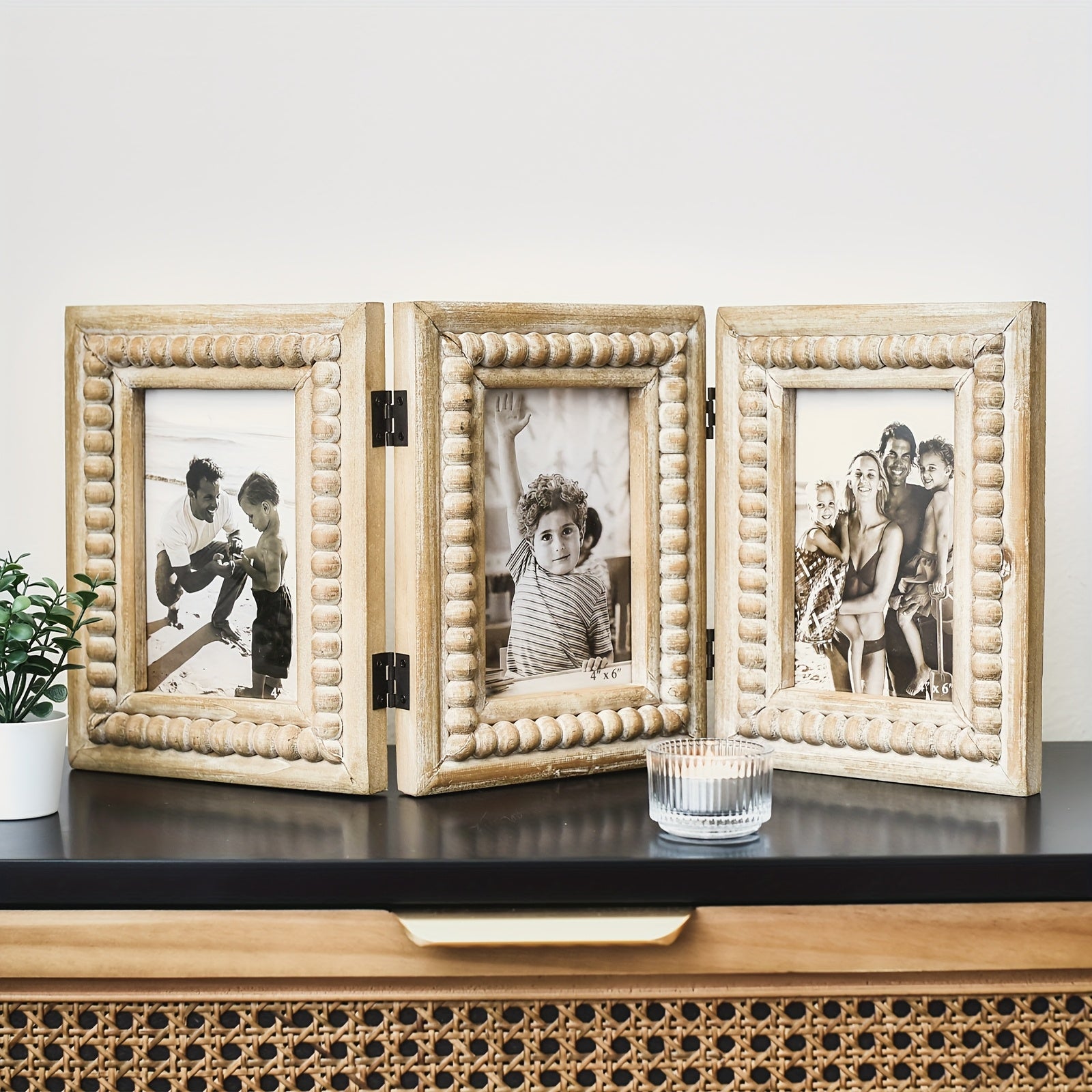Rustic Distressed 3 Photos Folding Picture Frame Collage with Decorative Wood Beads, 3 Picture Frames 4x6 for Table Or Wall Hanging, Farmhouse Gift Idea for Family And Friends