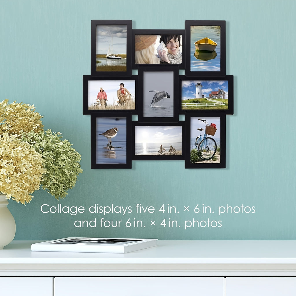 4x6 Photo Collage Frame, 18 x 18 Inch 9 Opening Collage Picture Frames - Displays Four 4x6 and Five 6x4 Inch Photos, Durable Frame Construction with Real Glass, Family Photo Frames Decor - Ideal Gift for Merry Christmas, Wall Hanging or Tabletop