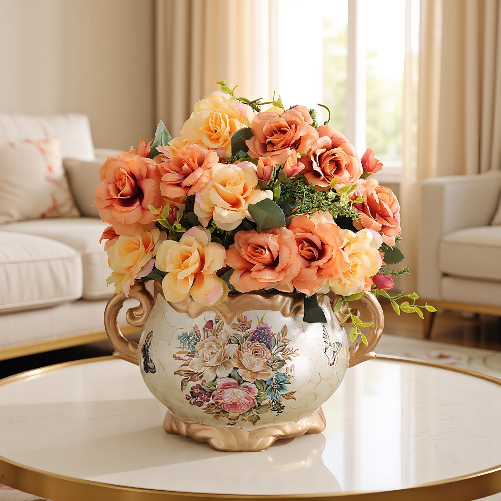 Hand Painted Pattern Vase with Handle American Style Double Ear Vase Handcrafted Glazed Vase for Home Living Room Dining Room Office Bookshelf