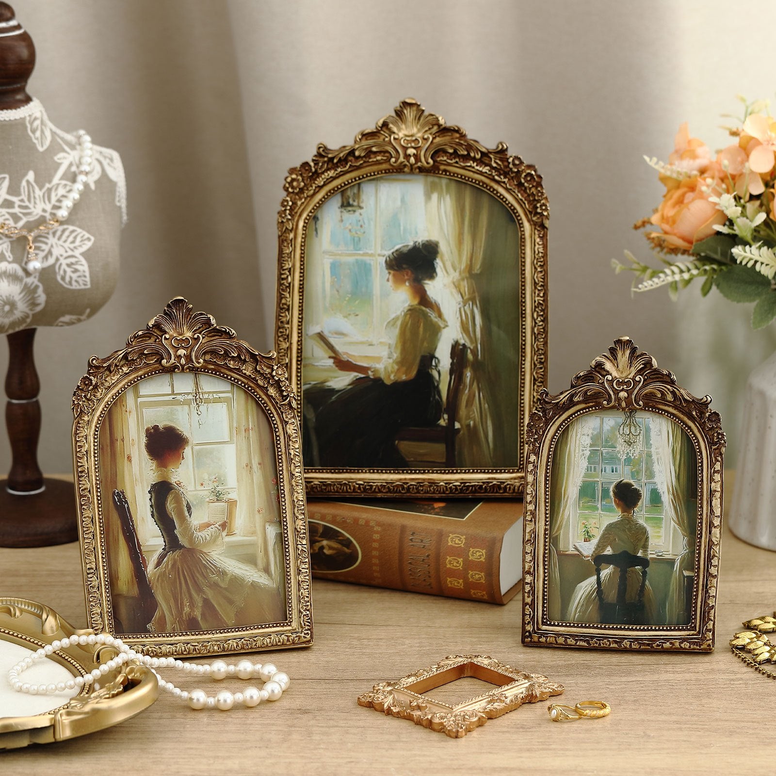 3pcs Pcs Vintage vintage Baroque Ornate Golden Arched Photo Frames with Glass Front Suitable for 4x6, 5x7, 6x8 Photos - Tabletop or Wall-Mountable Picture Frames for Home Decor, Weddings, for home Decor Gifts (Elegant)